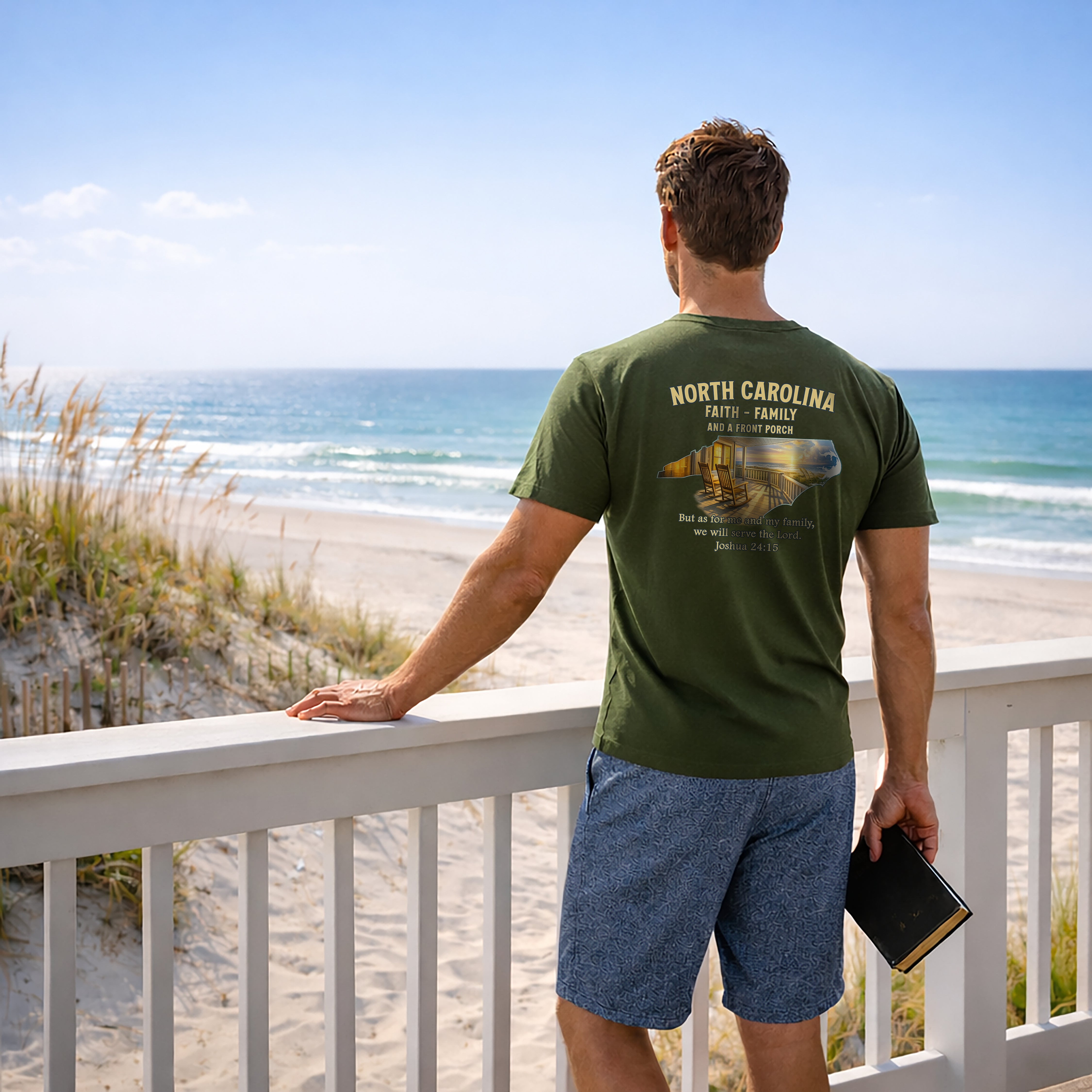 NC-North Carolina Faith Family Front Porch Christian T Shirt, Joshua 24:15 Tee, NC Coastal Faith Shirt, God Bless America Collection