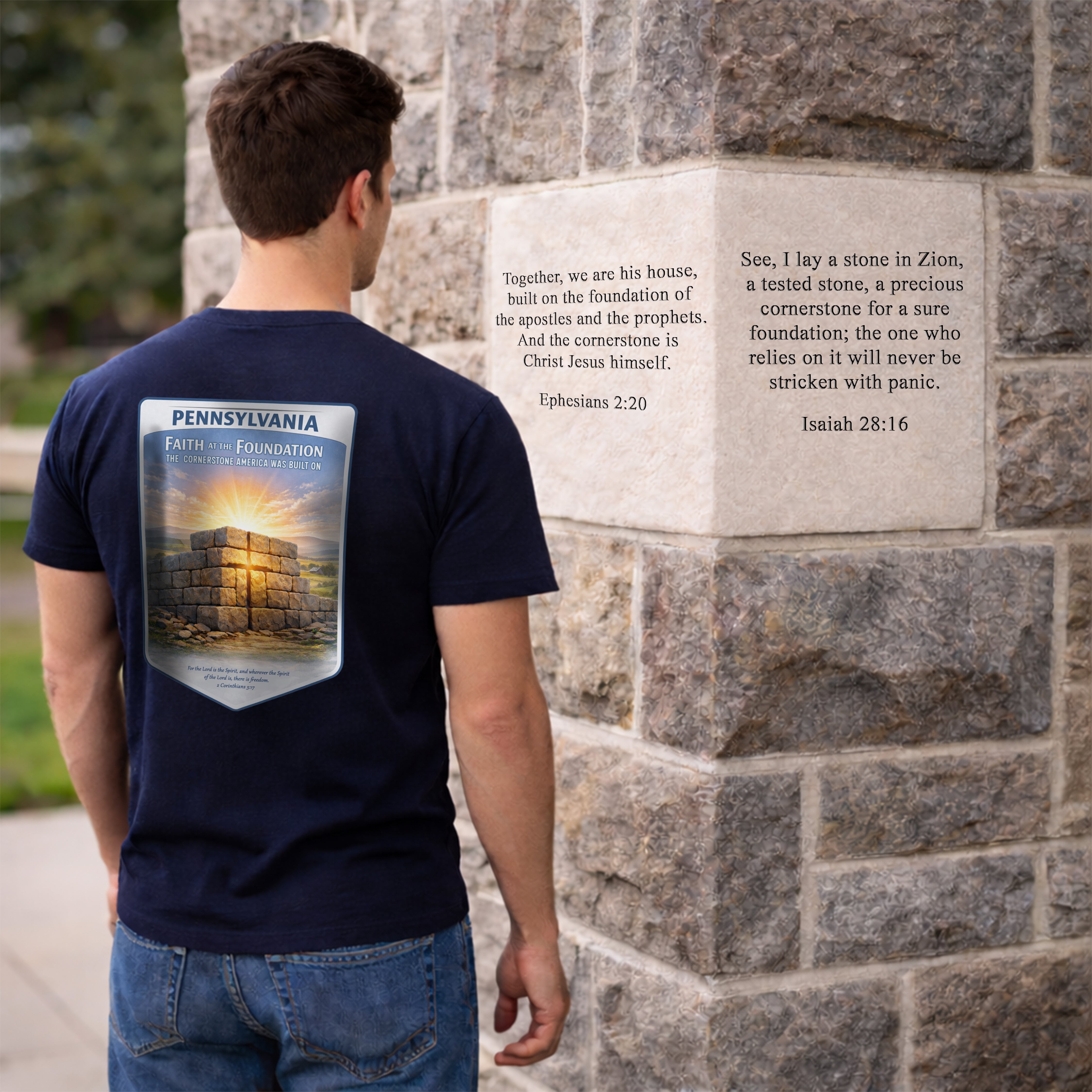 PA-Pennsylvania Faith at the Foundation Christian T Shirt, Cornerstone USA Faith Tee, 2 Corinthians 3:17 Shirt, God Bless America Collection