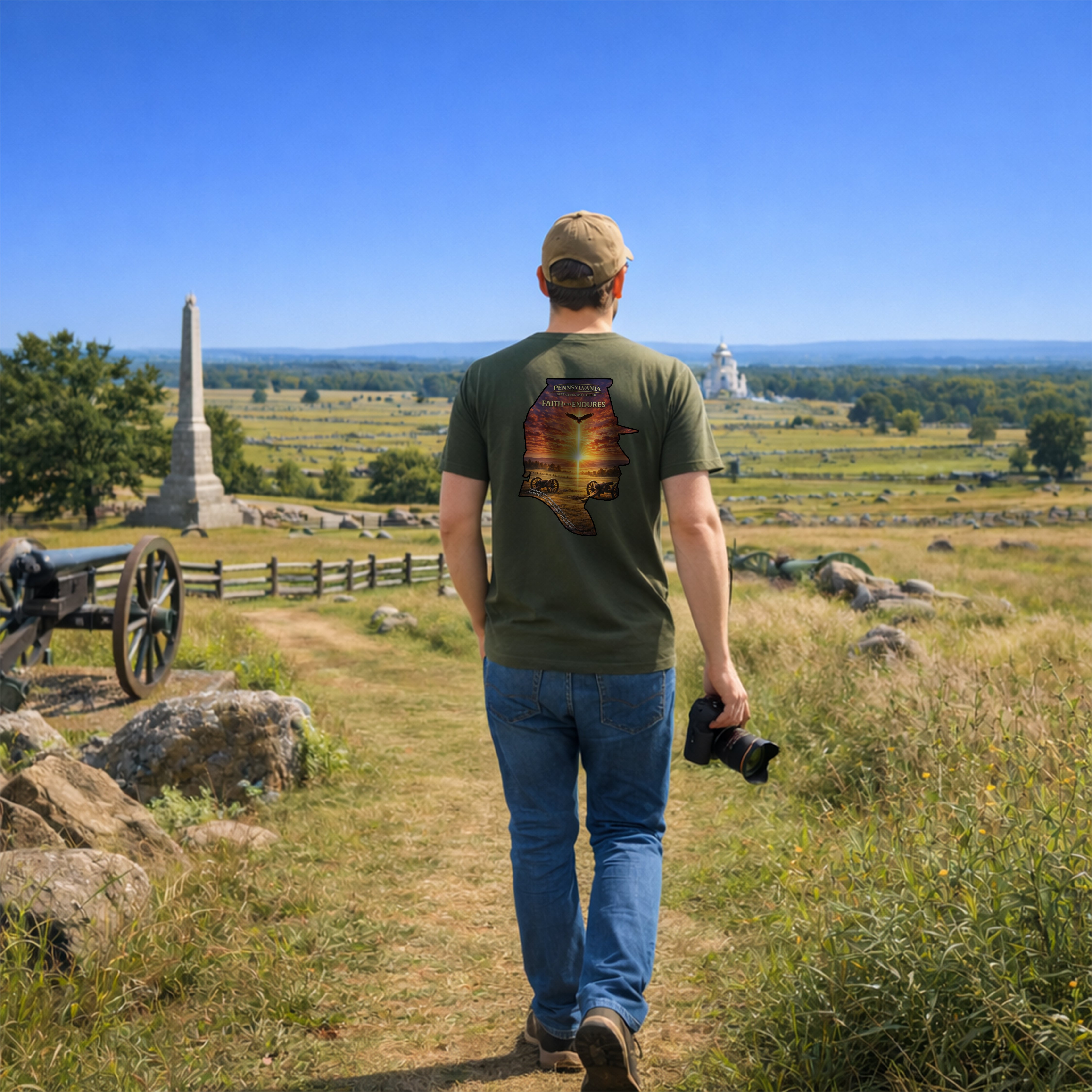 PA-Pennsylvania Gettysburg Faith That Endures Christian Shirt, Gettysburg Battlefield Tee, 2 Chronicles 20:15, God Bless America Collection