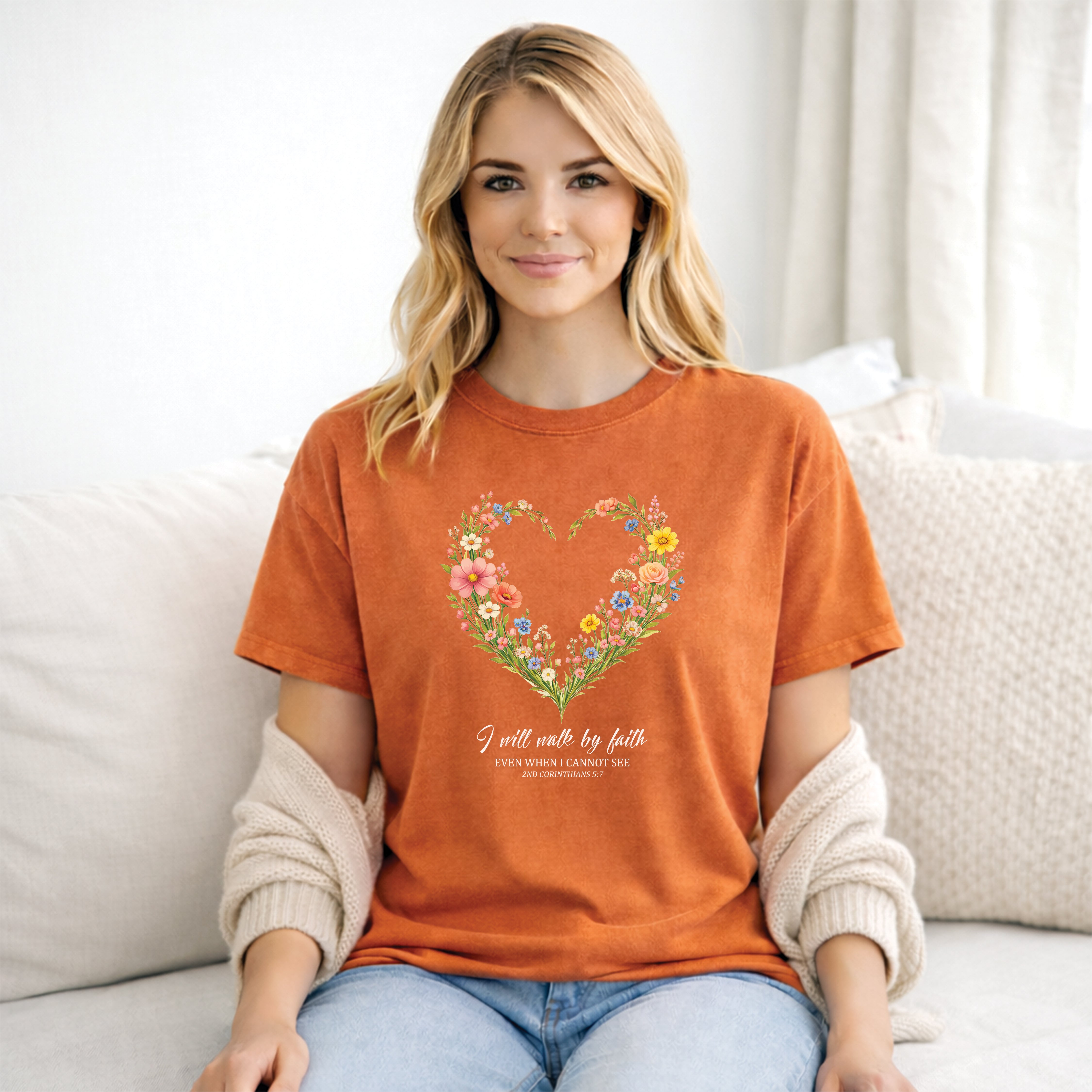 I Will Walk By Faith Floral T Shirt, 2 Corinthians 5:7 Christian Shirt, Christian Women Gift, Wildflower Heart tee, Redeemed Faith Apparel