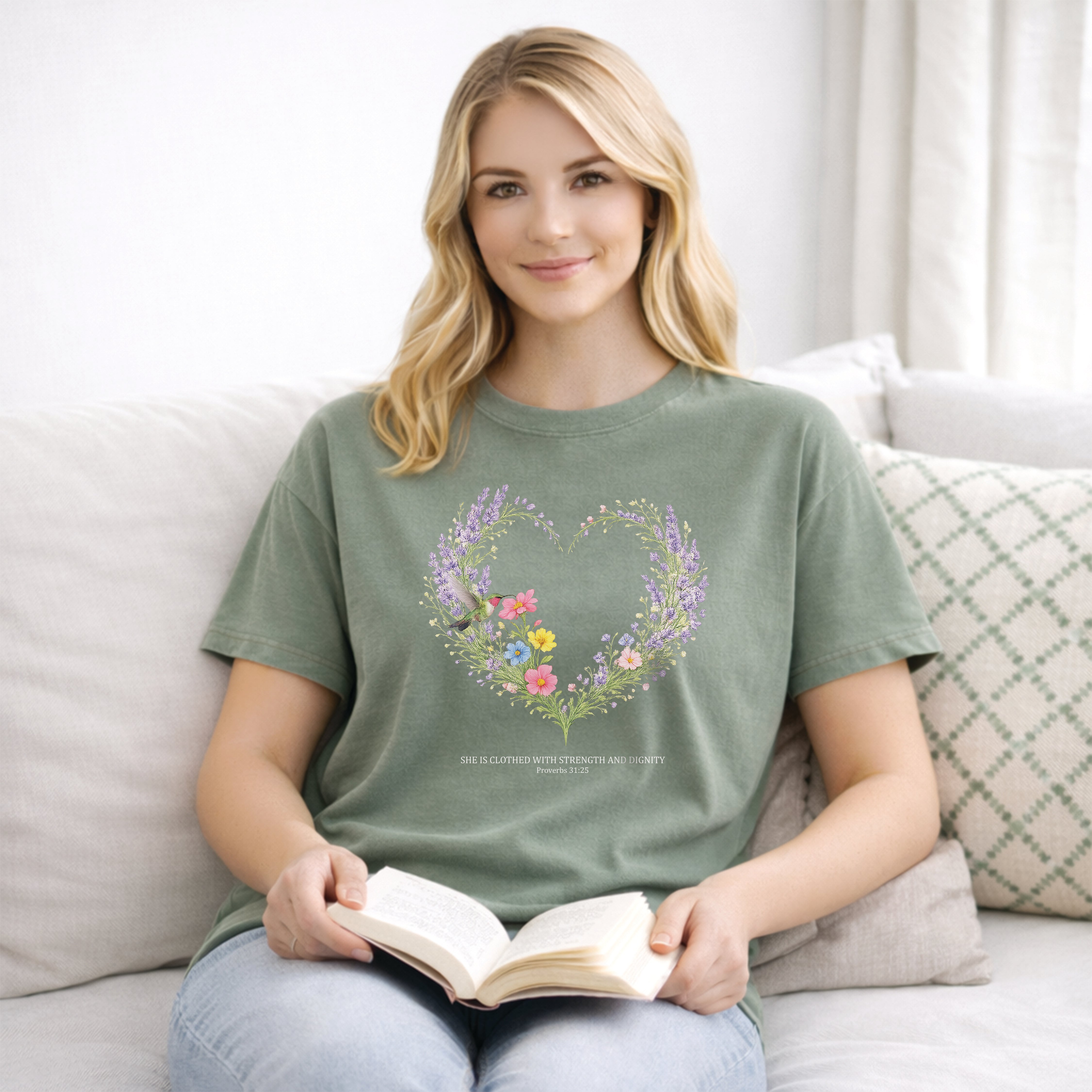 She Is Clothed With Strength And Dignity Floral Tee, Proverbs 31:25 Shirt, Christian Women Gift, Wildflower Heart, Redeemed Faith Apparel