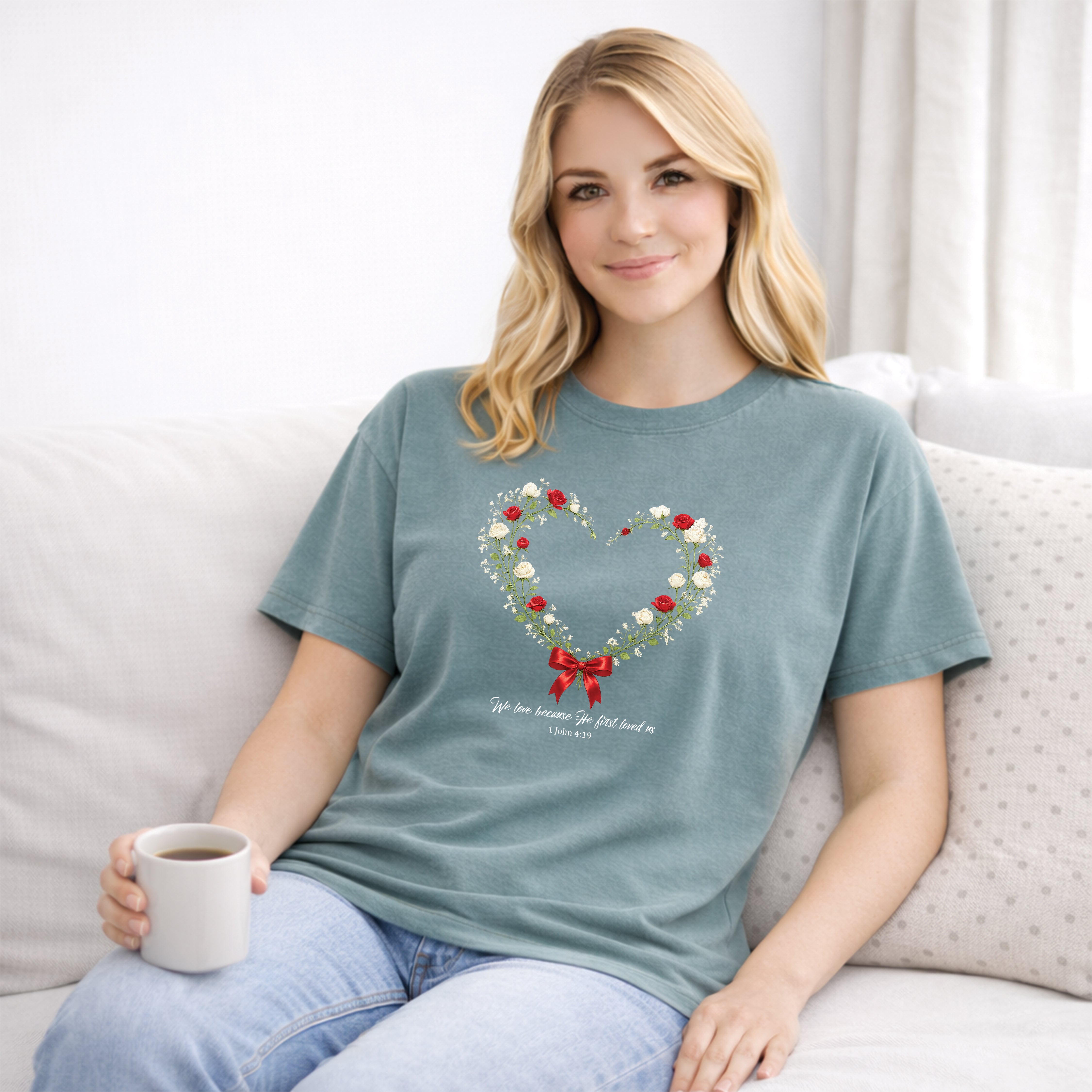 We Love Because He First Loved Us Floral Tee, 1 John 4:19 Christian Shirt, Bible Verse Women Gift, Wildflower Heart, Redeemed Faith Apparel