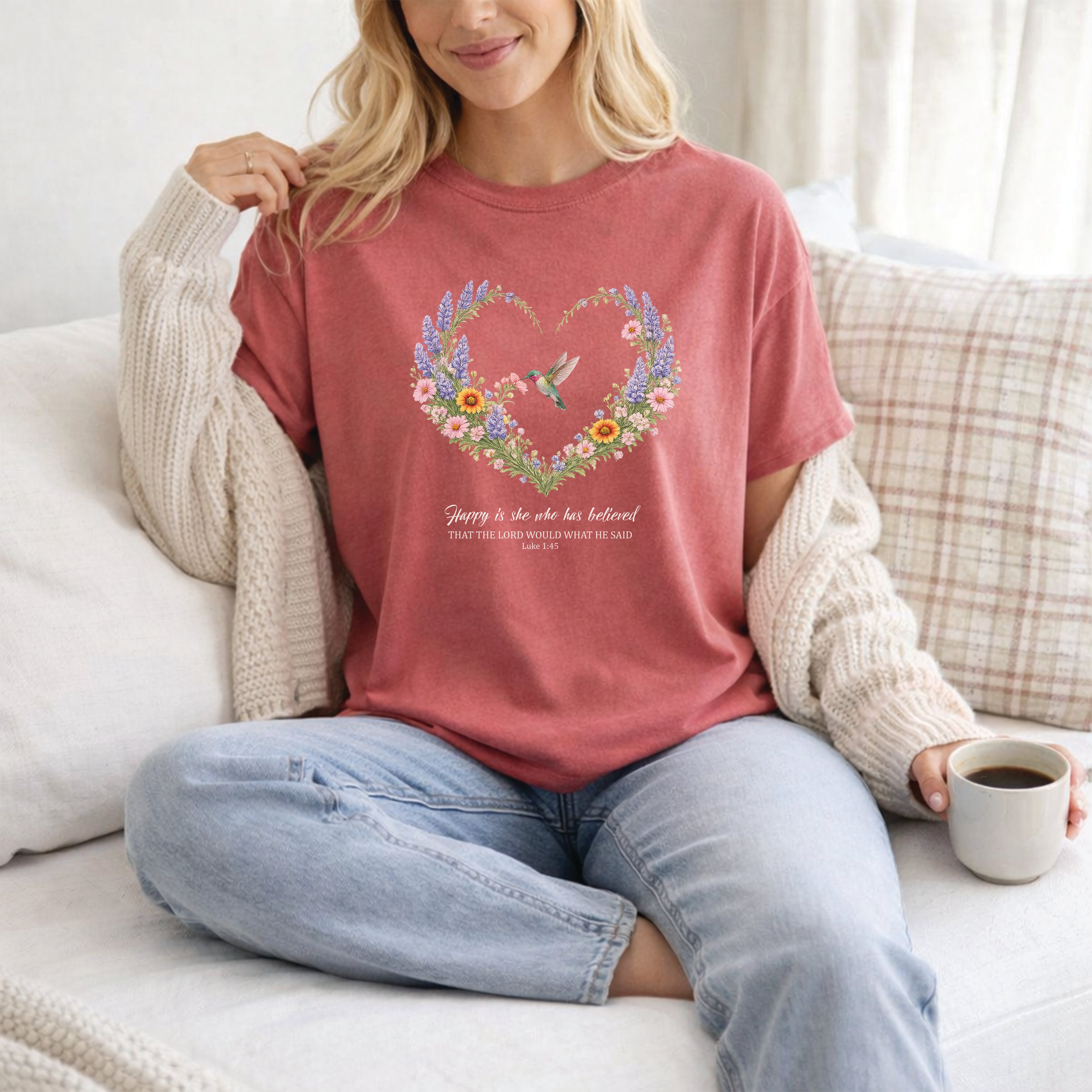 Happy Is She Who Has Believed Floral Tee, Luke 1:45 Shirt, Faith Shirt, Christian Women Gift, Wildflower Heart, Redeemed Faith Apparel