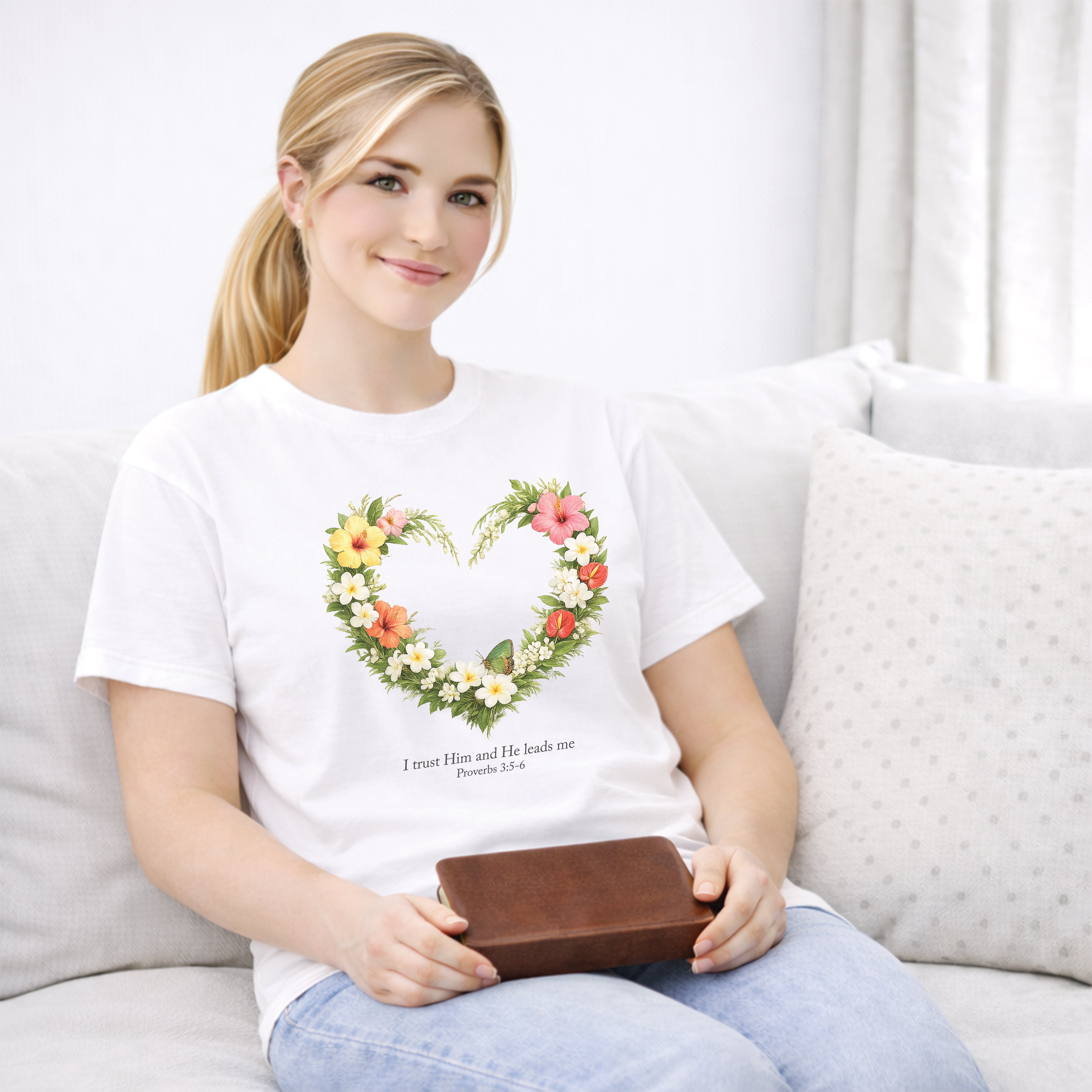 I Trust Him Floral Heart Christian Shirt, 2 Timothy 1:7 T-Shirt, Faith Based Gift for Women, Wildflower Heart Tee, Redeemed Faith Apparel