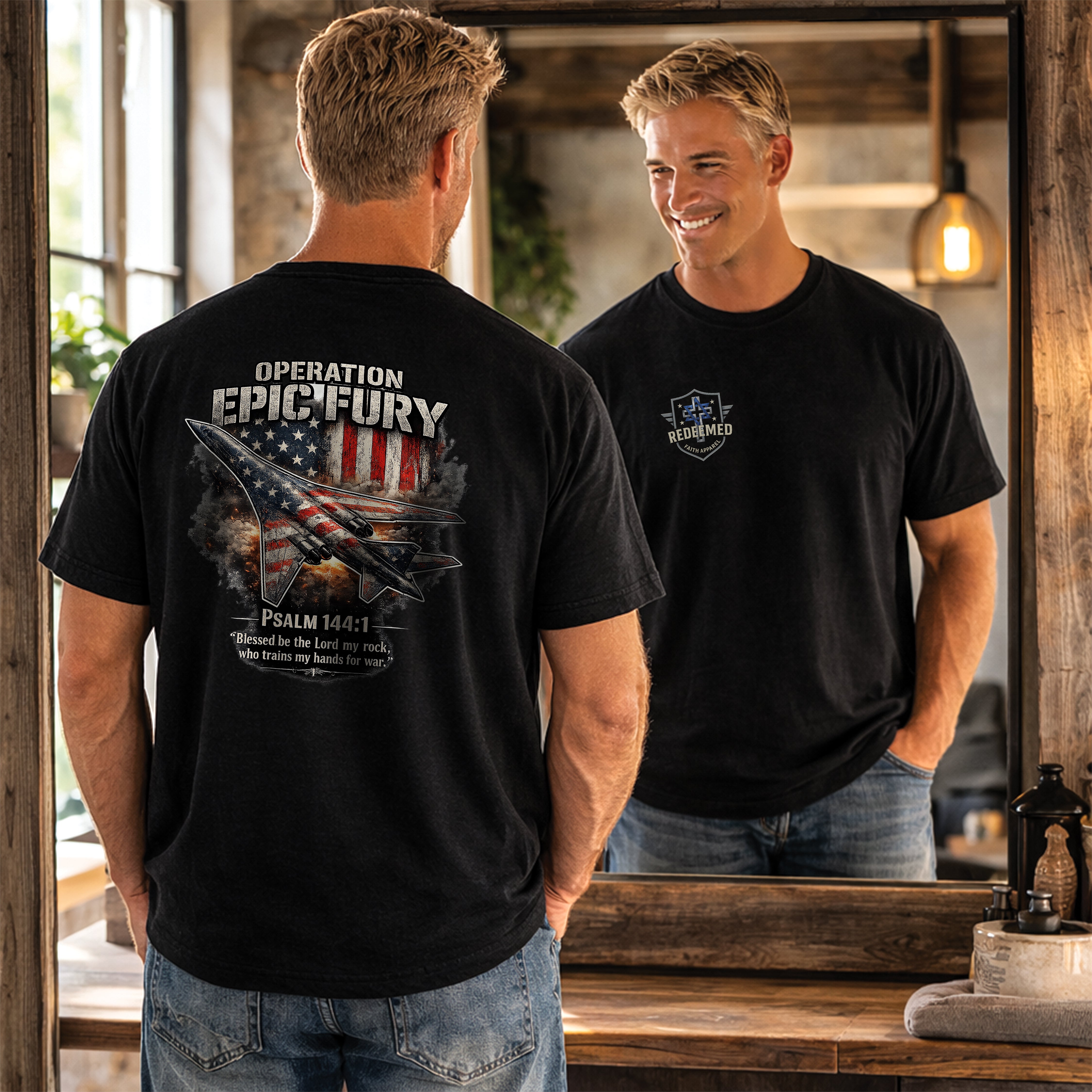Operation Epic Fury Christian Shirt, Psalm 144:1 Bible Verse Tee, American B1 Bomber Shirt, Faith and Freedom Shirt, Redeemed Faith Apparel