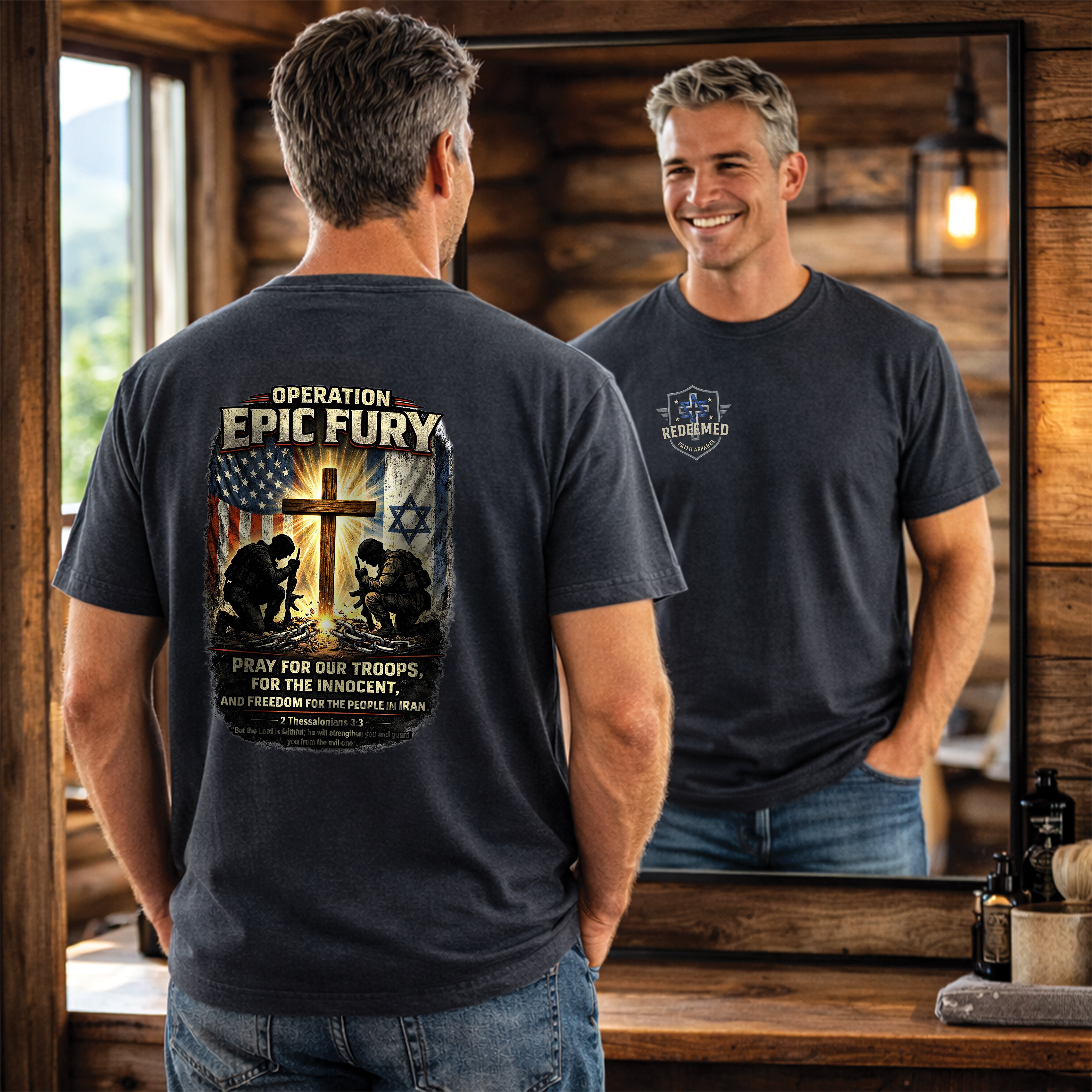 Operation Epic Fury Christian Shirt, Pray For Our Troops Shirt, 2 Thessalonians 3:3 Tee, Faith and Freedom Shirt, Redeemed Faith Apparel