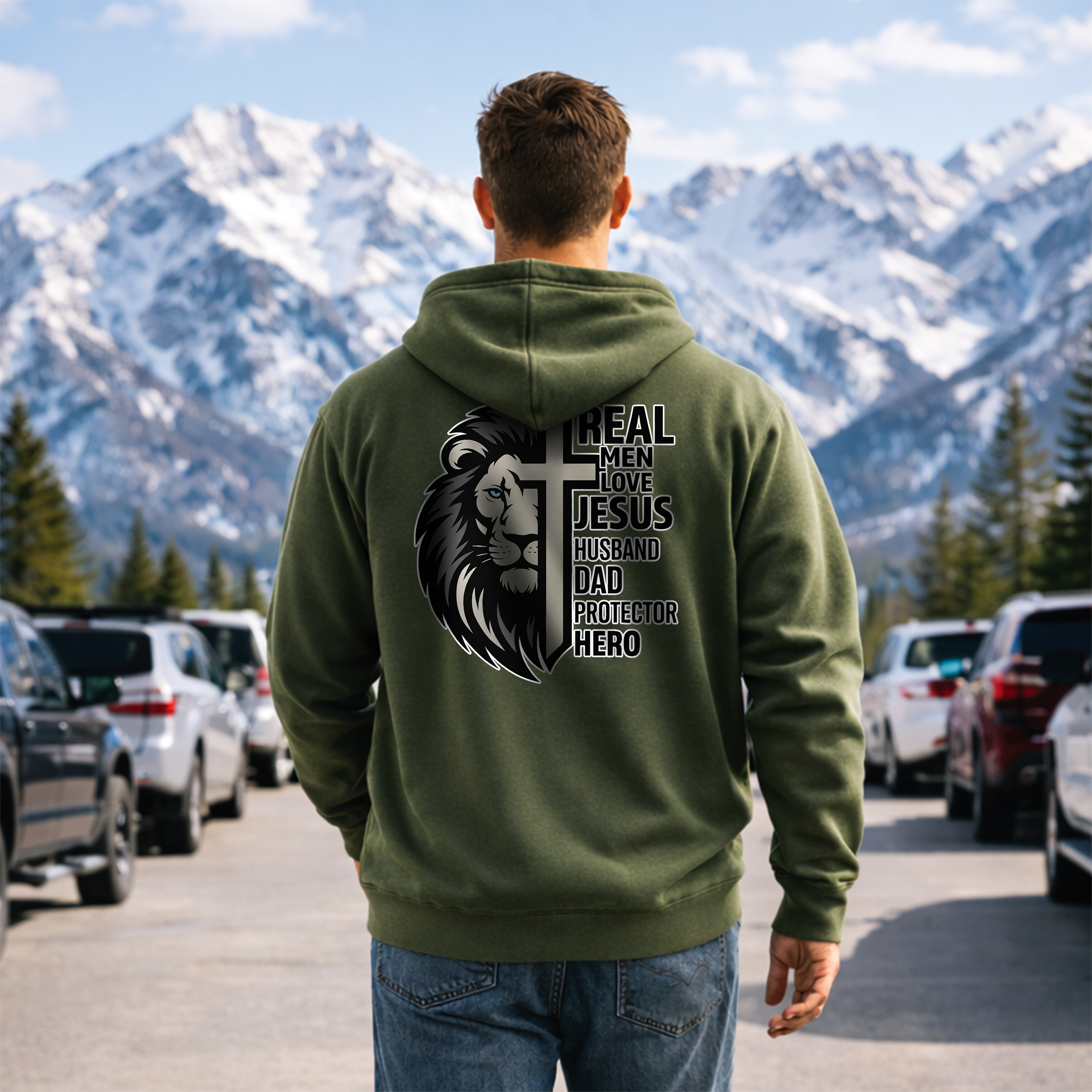 Real Men Love Jesus Lion Christian Hoodie, Husband Dad Protector Hero Hoodie, Christian Mens Pullover Sweatshirt, Redeemed Faith Apparel
