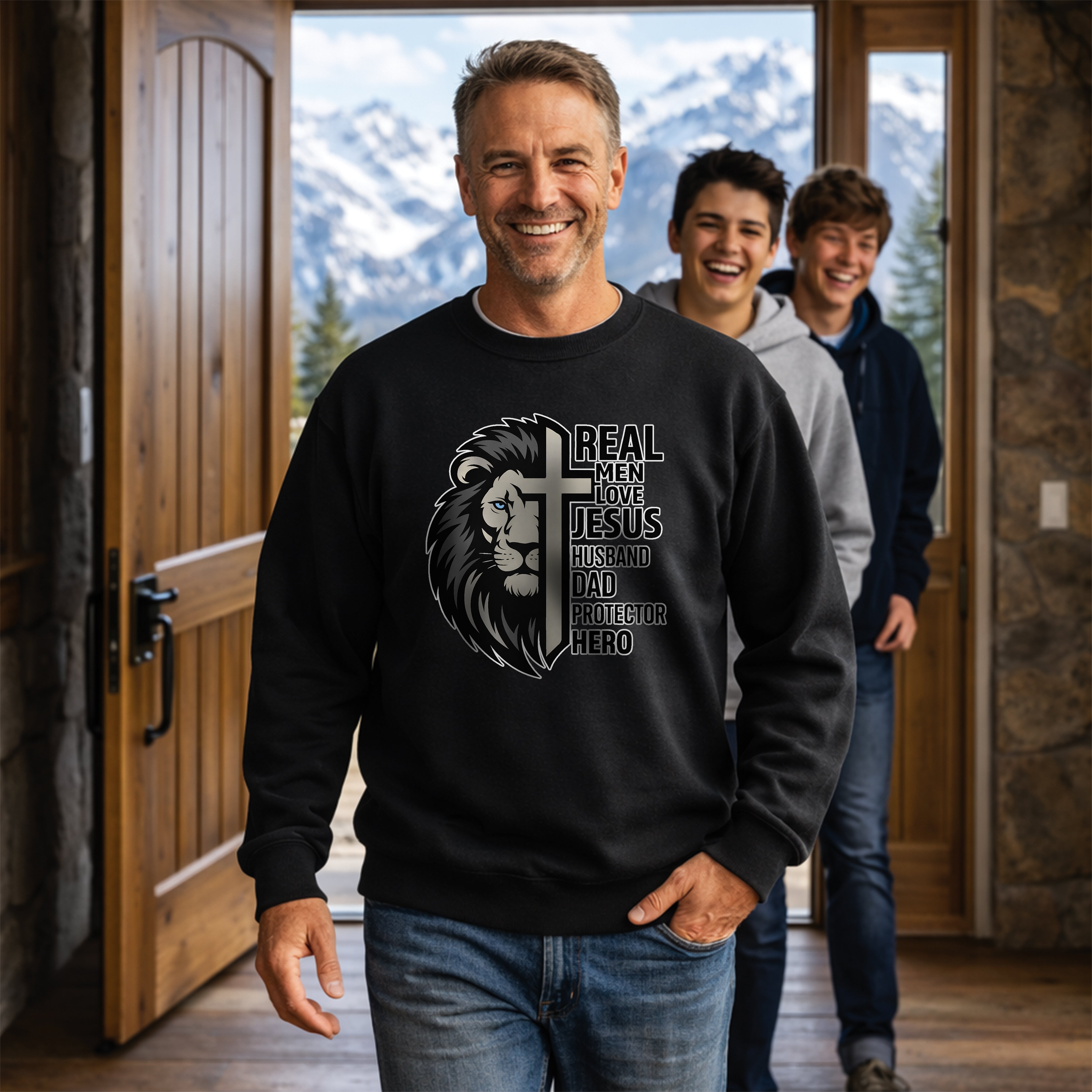 Real Men Love Jesus Lion Christian Crewneck Sweatshirt, Husband Dad Protector Hero Faith Pullover, Christian Sweater, Redeemed Faith Apparel