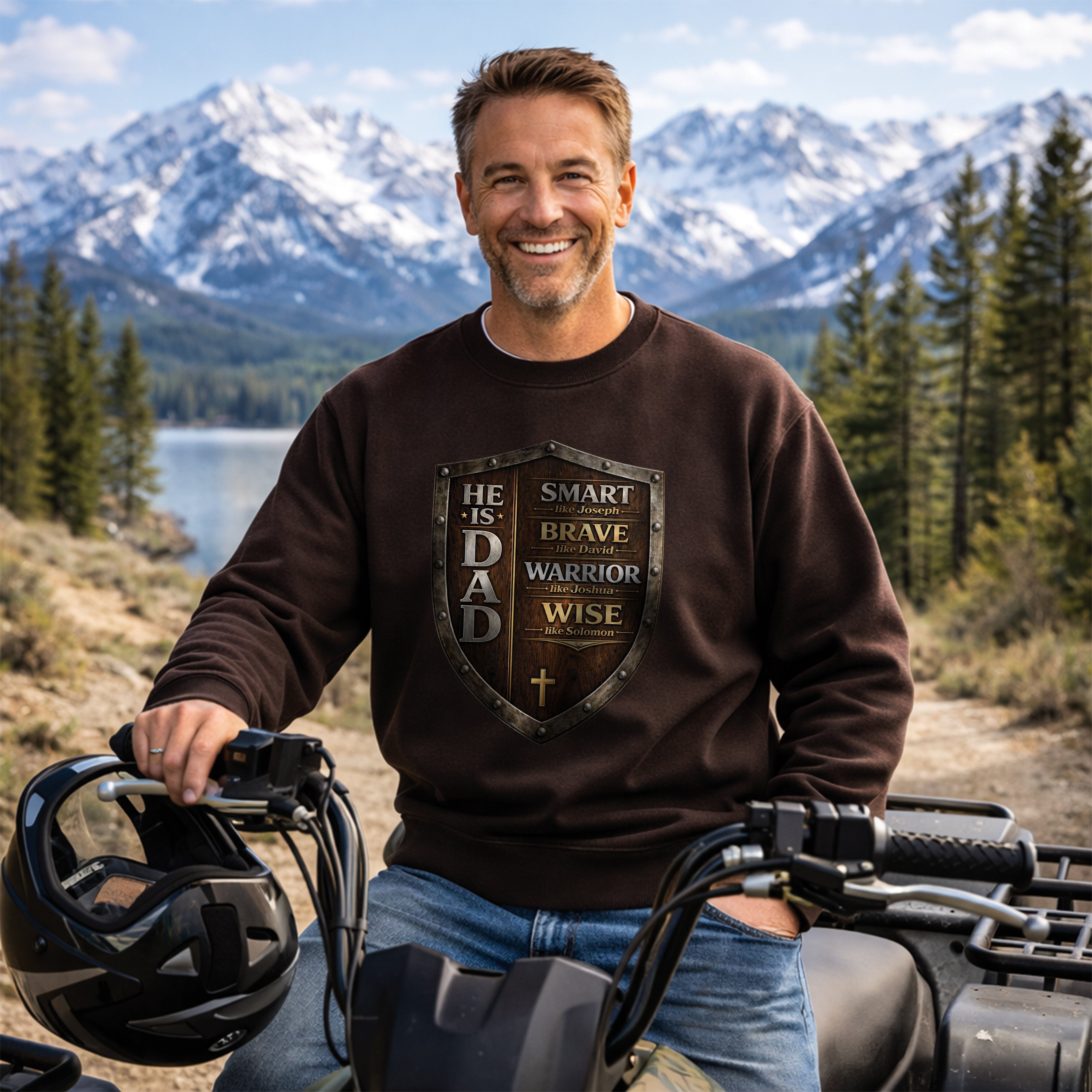 Christian Dad Shield Swestshirt, Smart Brave Warrior Wise Father, Man of God Dad Crewneck, Christian Father Gift, Redeemed Faith Apparel