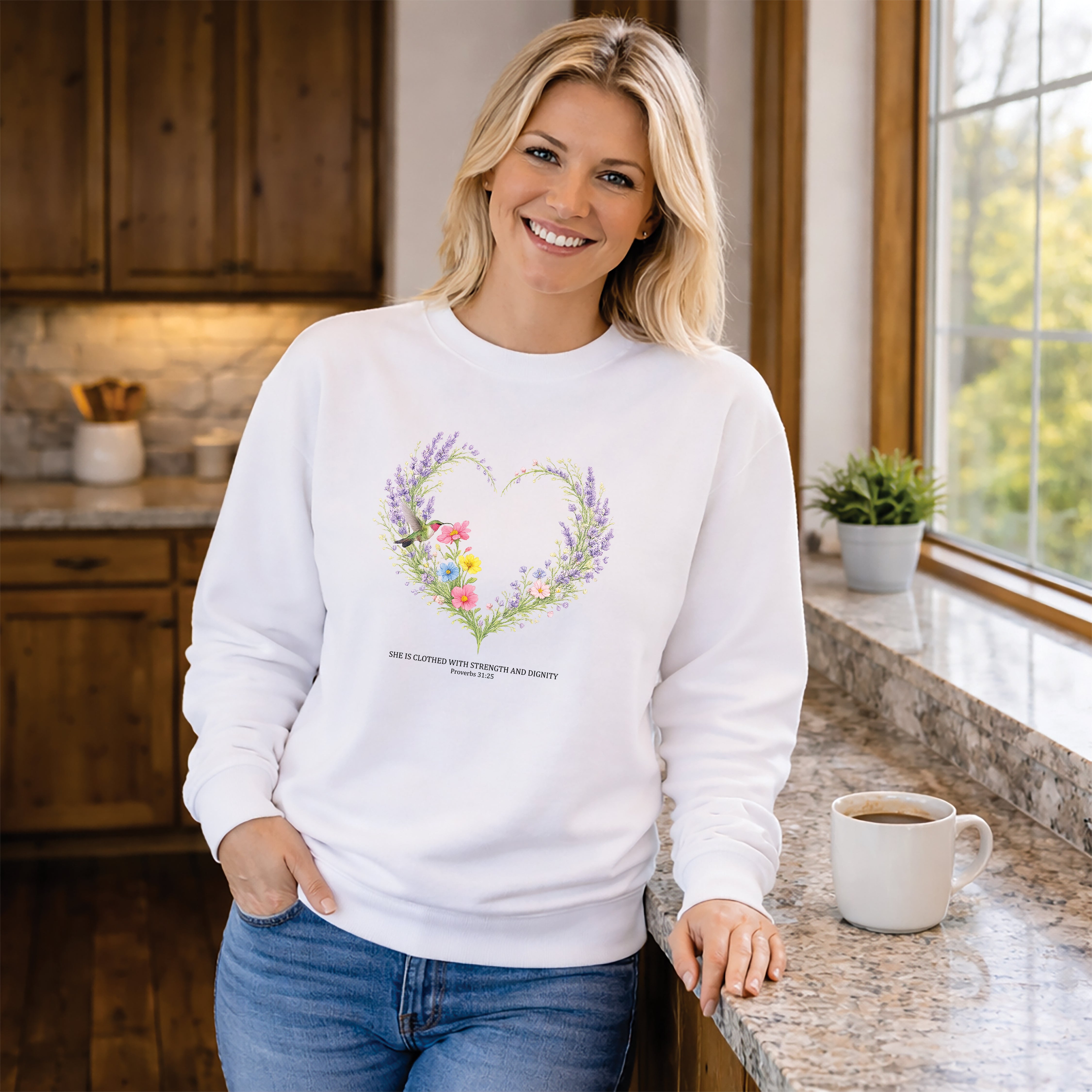 Strength and Dignity Sweatshirt, Proverbs 31:25 Christian Sweatshirt, Hummingbird Womens Gift, Boho Christian Top, Redeemed Faith Apparel