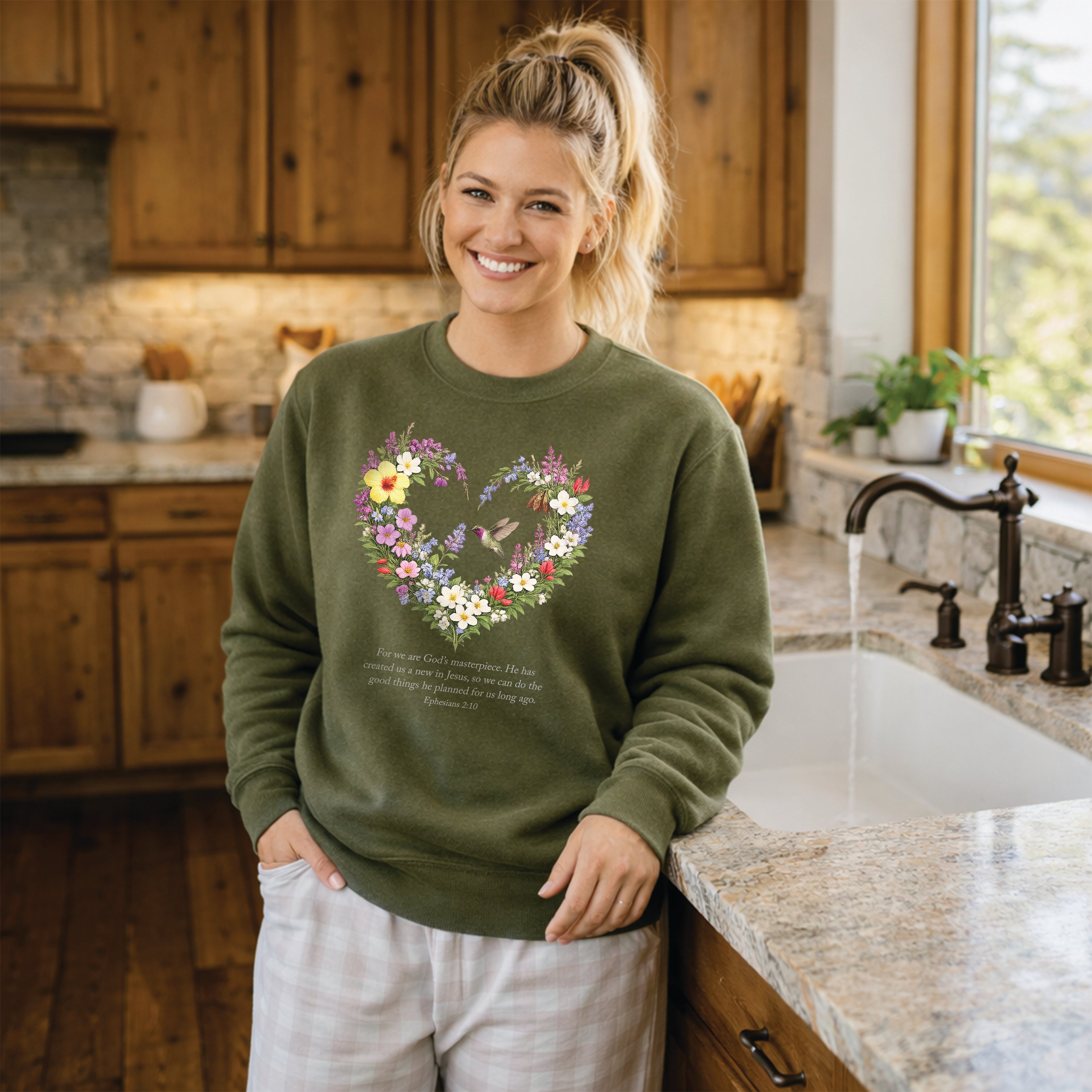 God’s Masterpiece Sweatshirt, Ephesians 2:10 Christian Floral Sweatshirt, Hummingbird Faith Womens Gift, Redeemed Faith Apparel