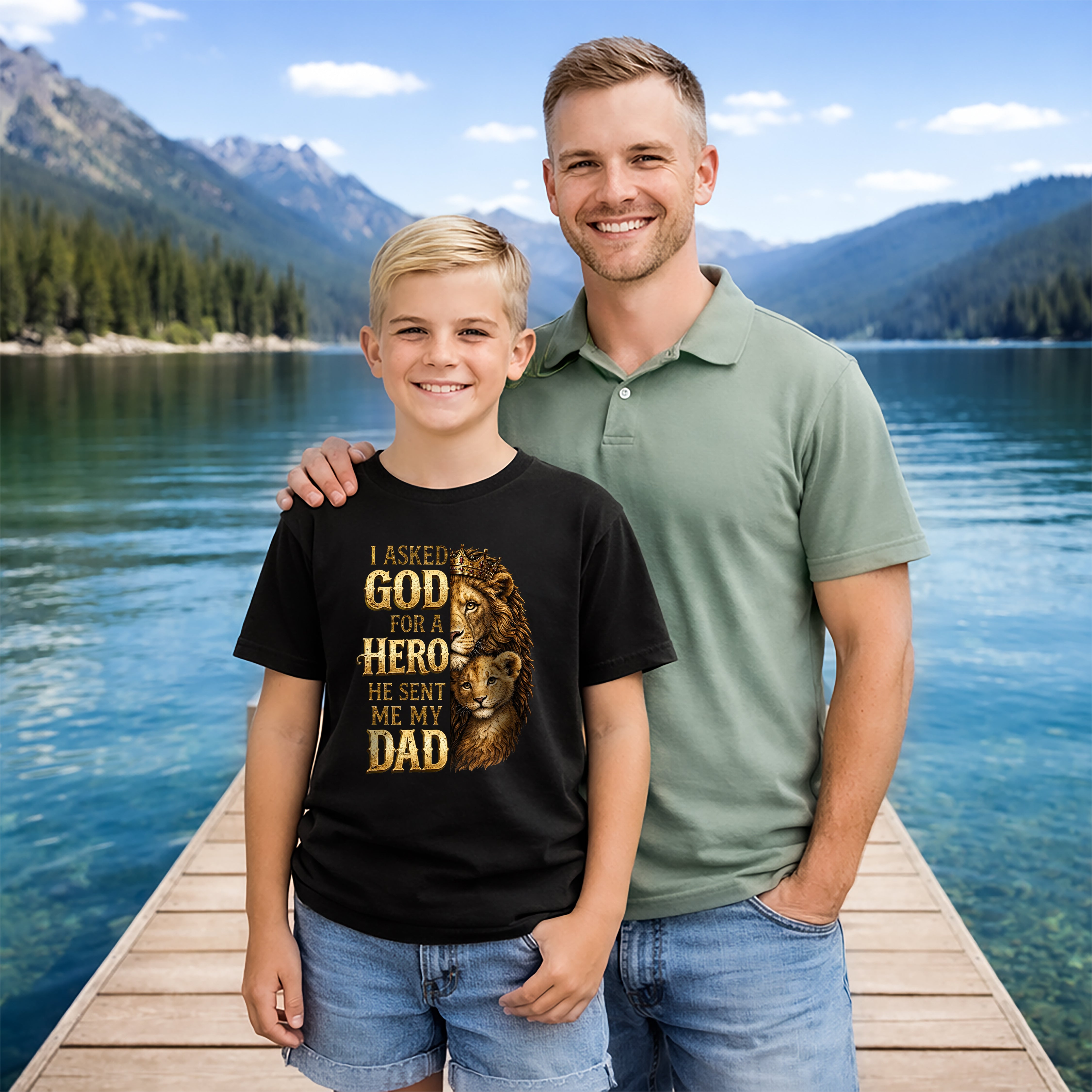 I Asked God For A Hero He Sent Me My Dad Youth Shirt, Lion Dad Hero Shirt, Faith Father Shirt For Youth, Christian Gift For Youth Boys