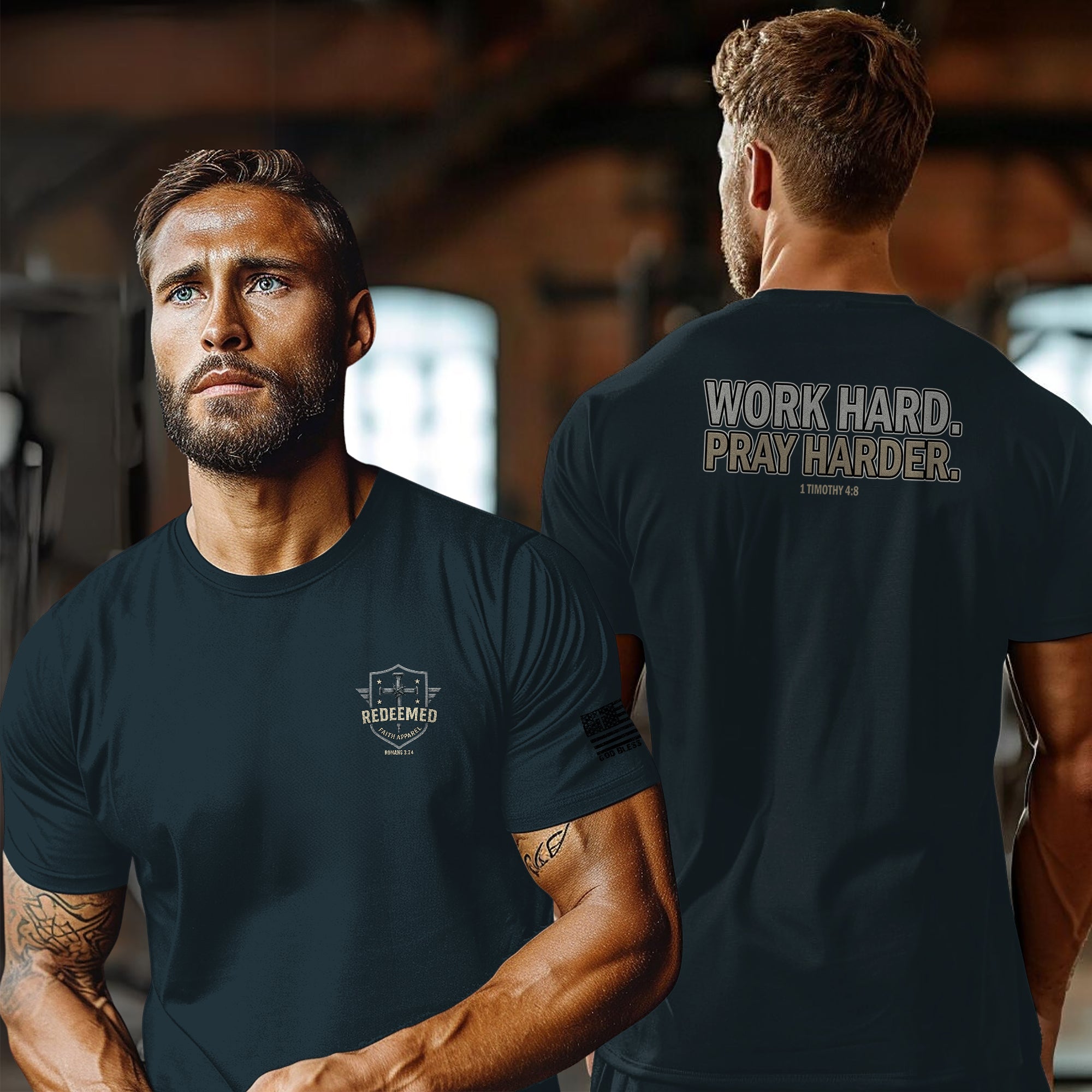 Work Hard Pray Harder Shirt - Christian Motivation Tee, Faith Over Hustle T-Shirt, 1 Timothy 48, Bible Verse Apparel, T-Shirt for Men Women