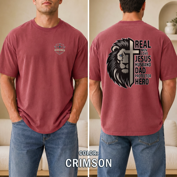 Real Men Love Jesus Lion Christian Shirt, Husband Dad Protector Hero Faith Tee, Christian Mens Shirt, Redeemed Faith Apparel, Joshua 1:9 Tee
