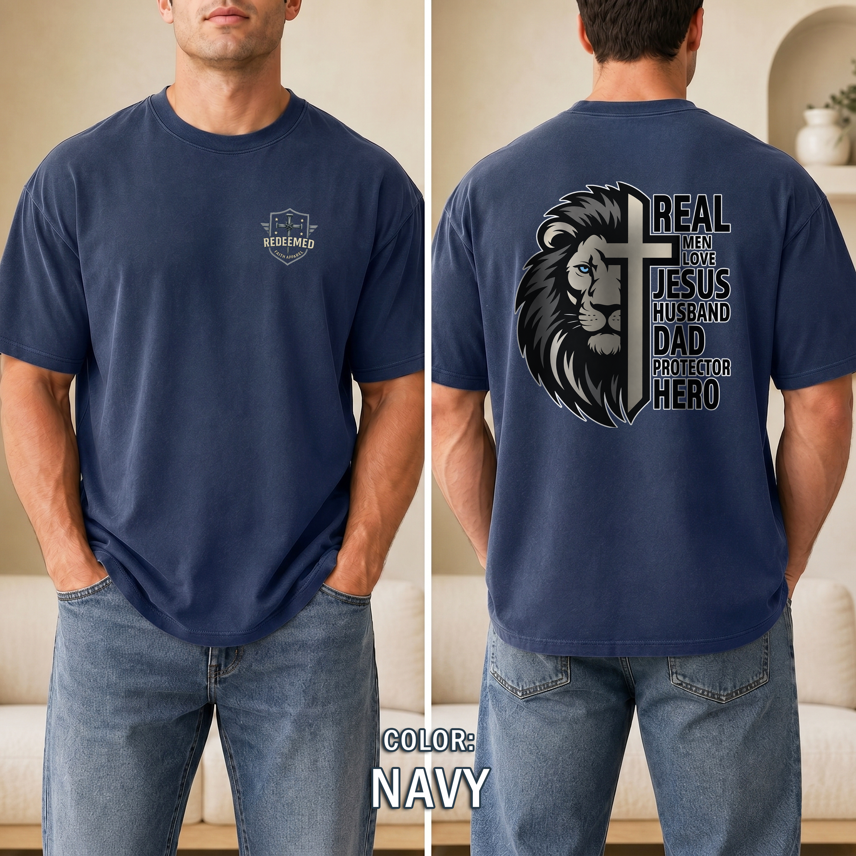 Real Men Love Jesus Lion Christian Shirt, Husband Dad Protector Hero Faith Tee, Christian Mens Shirt, Redeemed Faith Apparel, Joshua 1:9 Tee