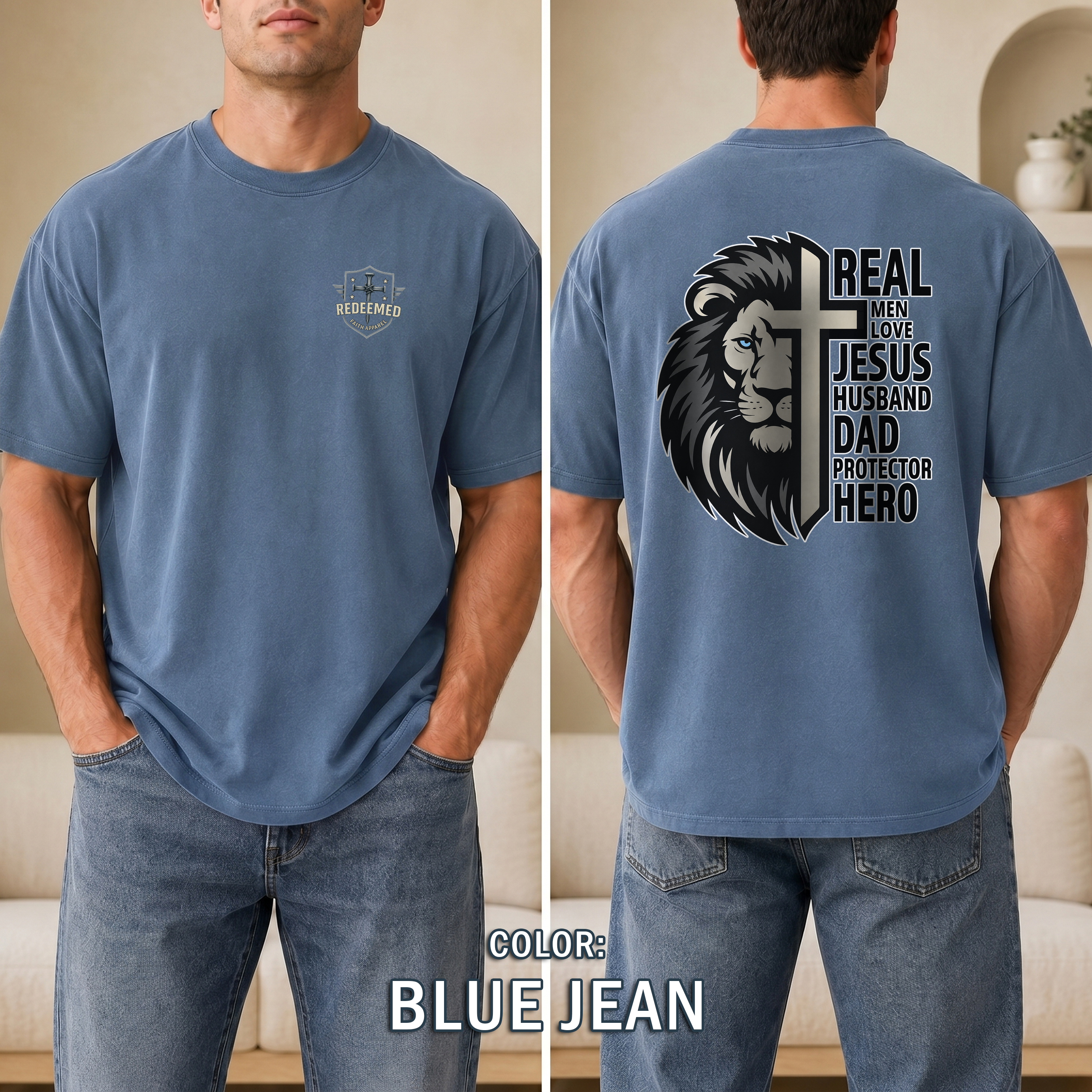 Real Men Love Jesus Lion Christian Shirt, Husband Dad Protector Hero Faith Tee, Christian Mens Shirt, Redeemed Faith Apparel, Joshua 1:9 Tee