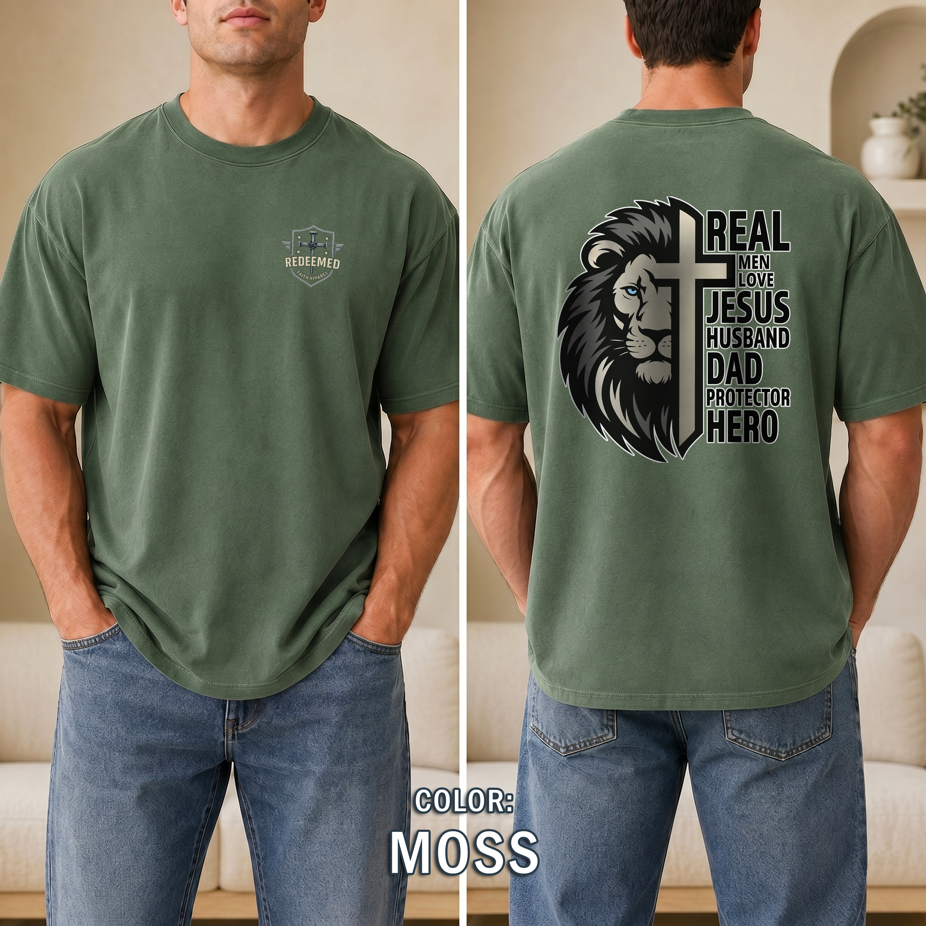 Real Men Love Jesus Lion Christian Shirt, Husband Dad Protector Hero Faith Tee, Christian Mens Shirt, Redeemed Faith Apparel, Joshua 1:9 Tee