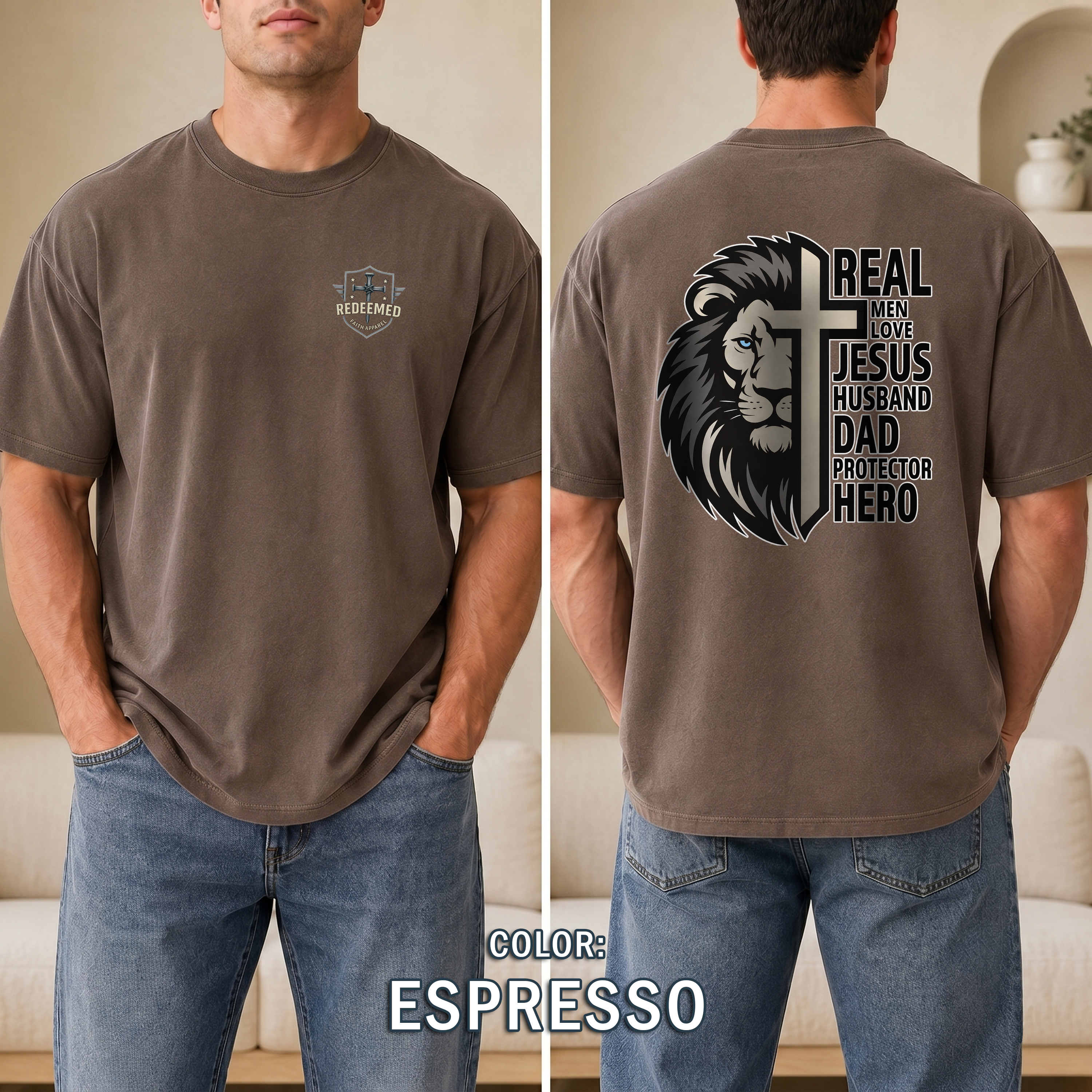 Real Men Love Jesus Lion Christian Shirt, Husband Dad Protector Hero Faith Tee, Christian Mens Shirt, Redeemed Faith Apparel, Joshua 1:9 Tee