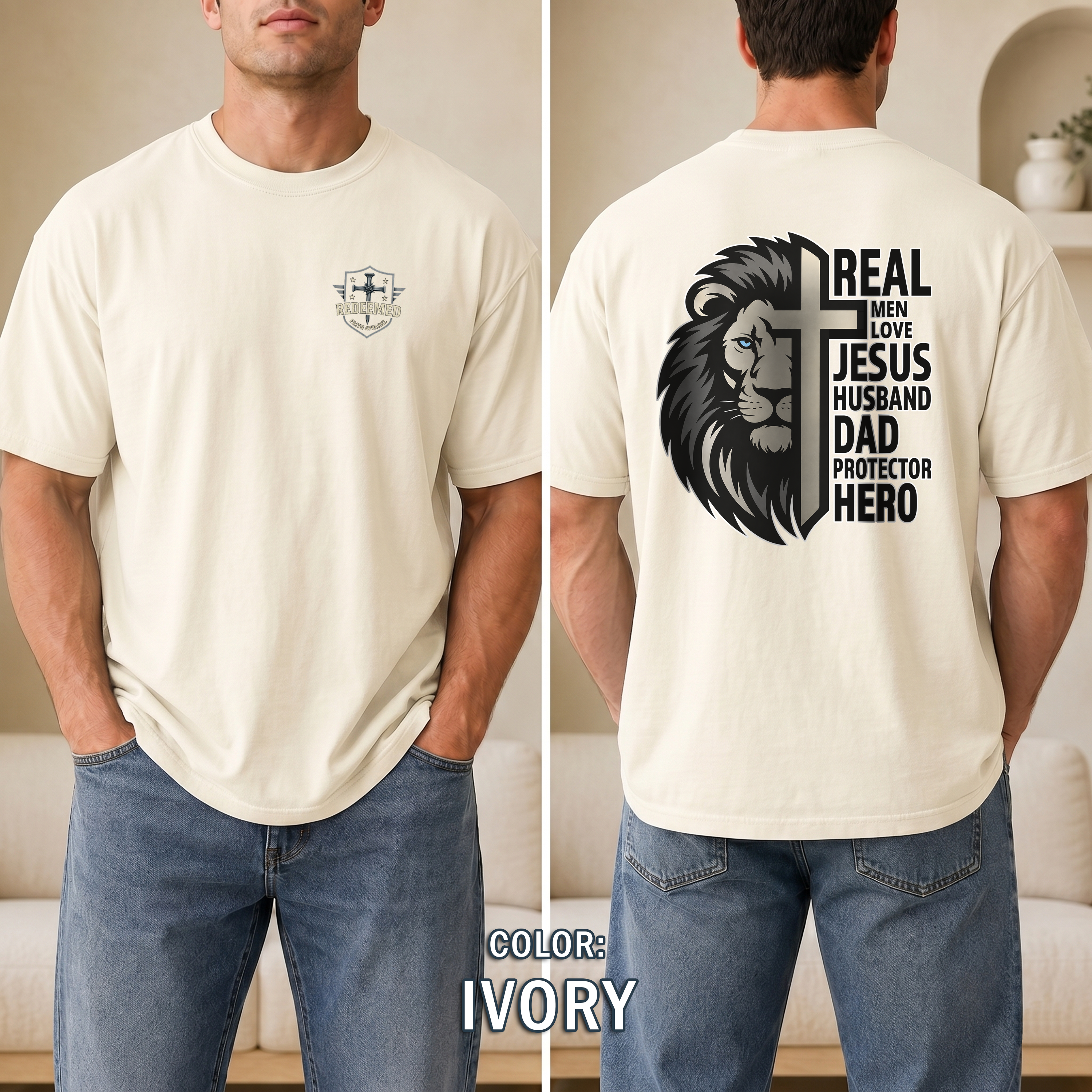 Real Men Love Jesus Lion Christian Shirt, Husband Dad Protector Hero Faith Tee, Christian Mens Shirt, Redeemed Faith Apparel, Joshua 1:9 Tee