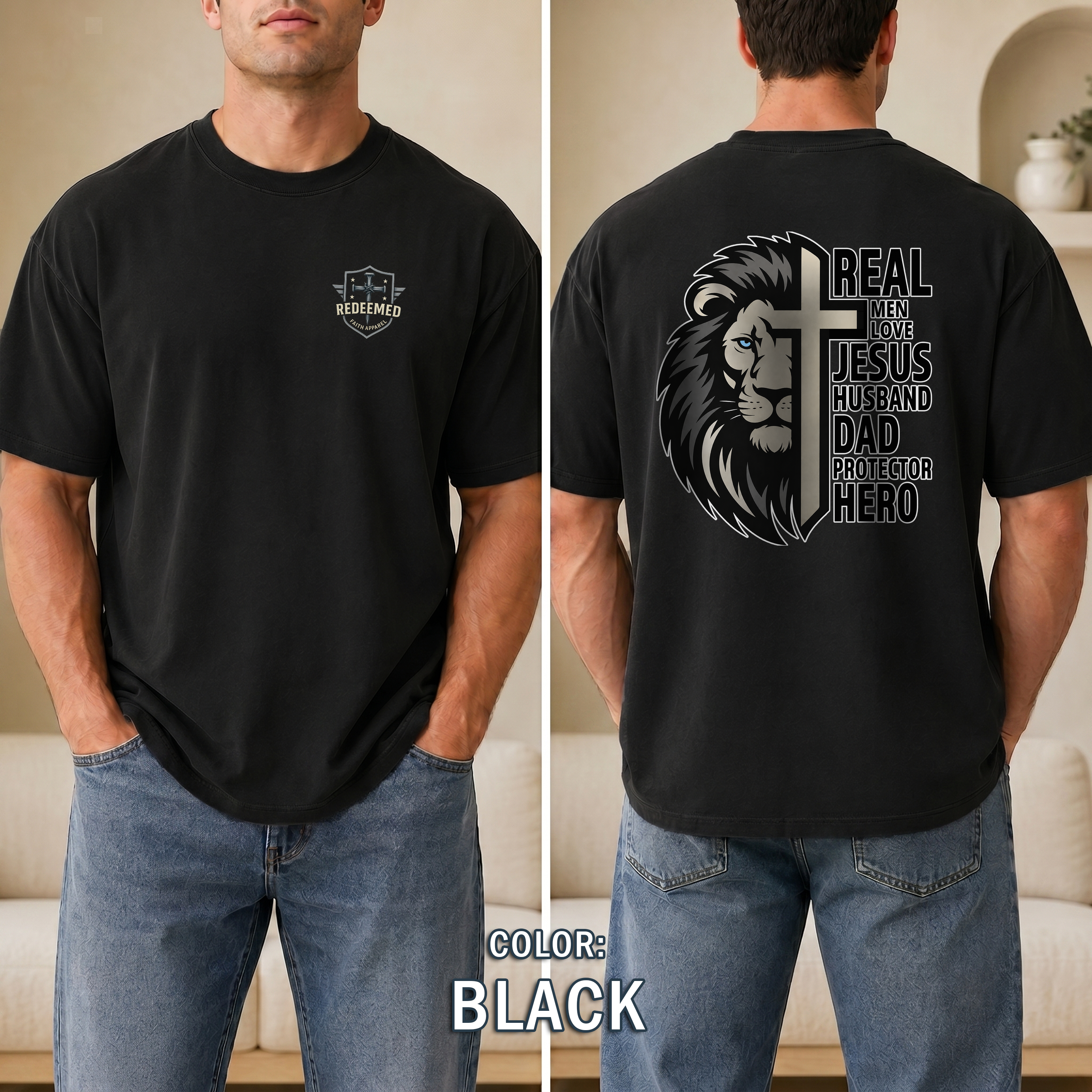 Real Men Love Jesus Lion Christian Shirt, Husband Dad Protector Hero Faith Tee, Christian Mens Shirt, Redeemed Faith Apparel, Joshua 1:9 Tee