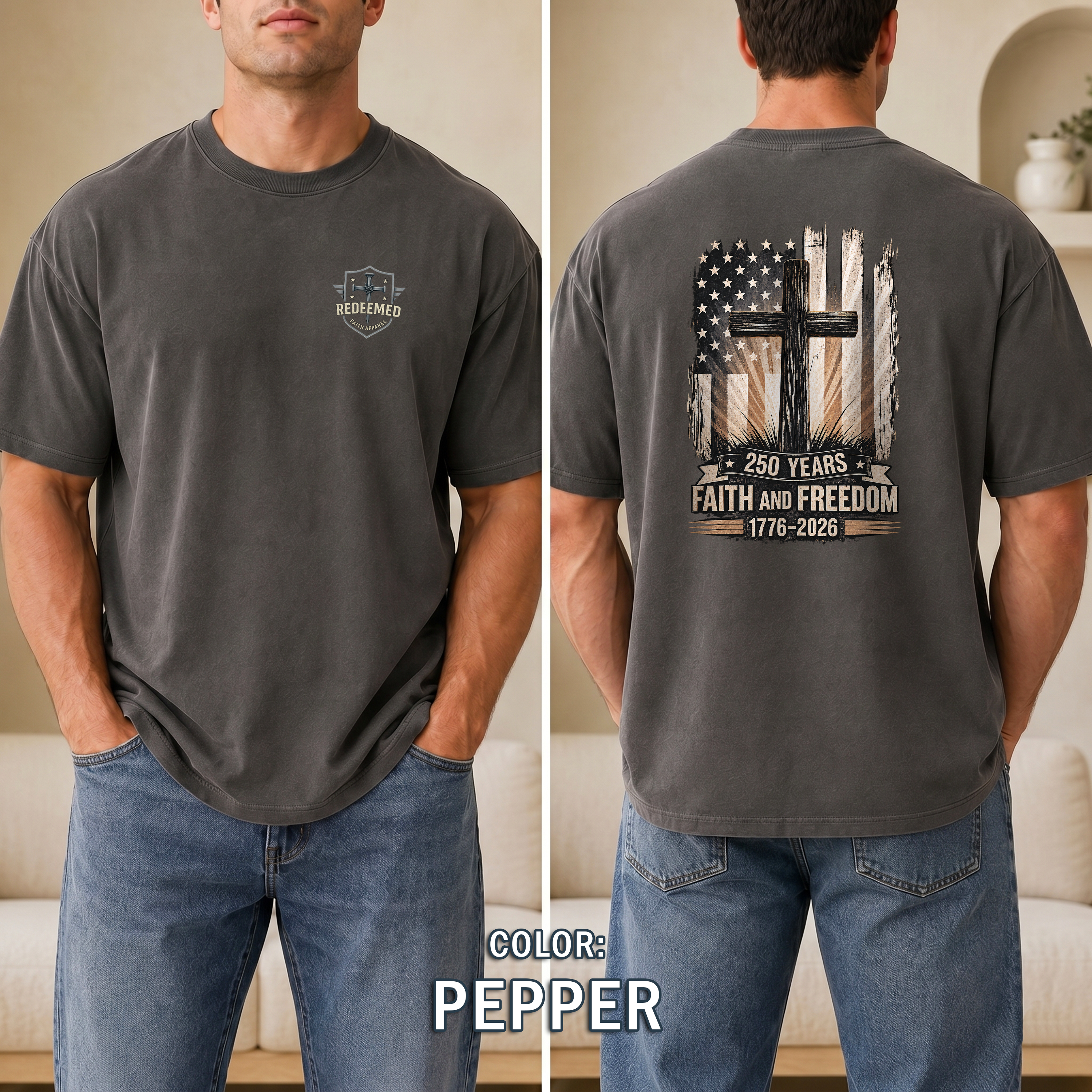 250 Years Faith and Freedom Christian Patriotic T-Shirt, America 1776-2026 Cross Shirt, Christian Patriotic Tee, Redeemed Faith Apparel