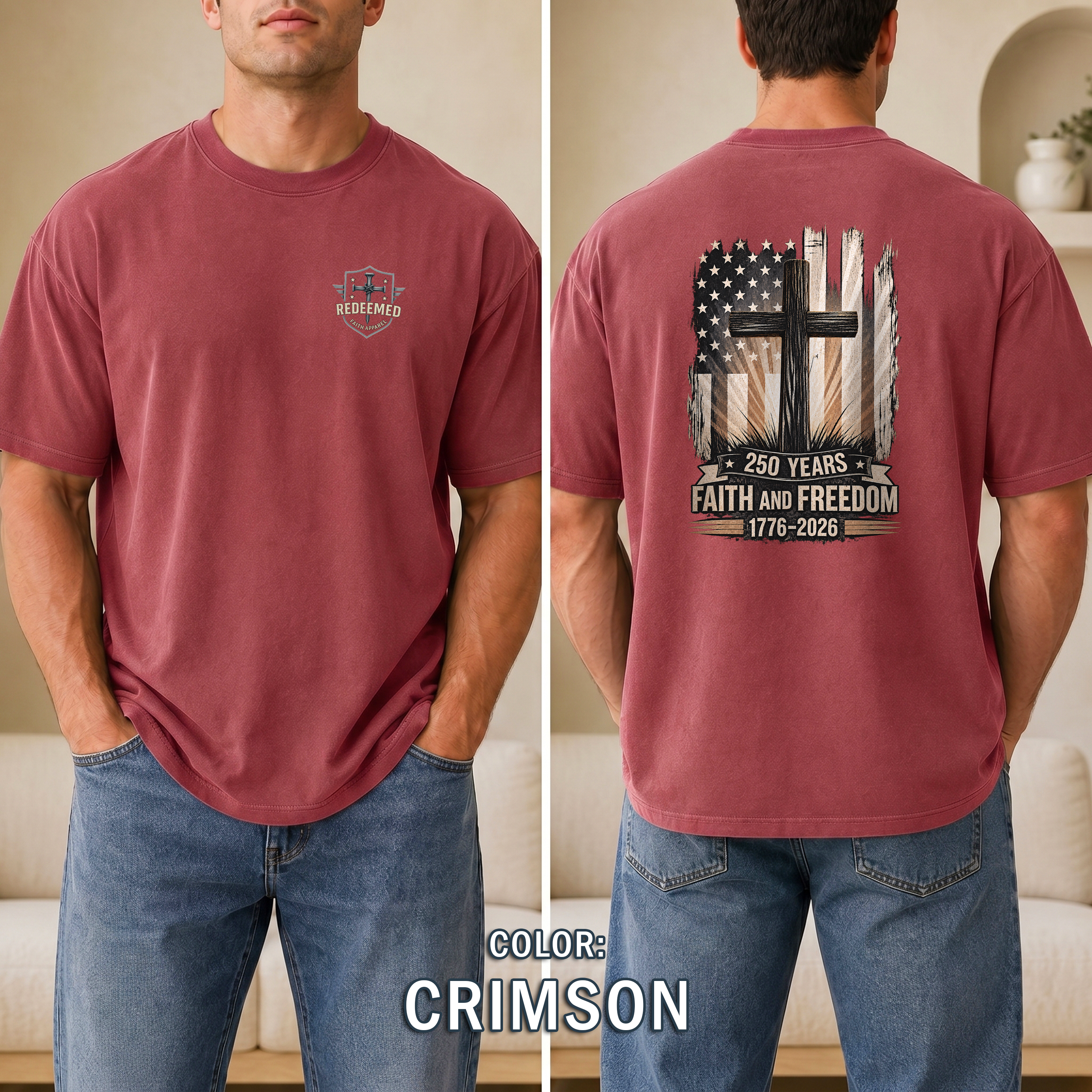 250 Years Faith and Freedom Christian Patriotic T-Shirt, America 1776-2026 Cross Shirt, Christian Patriotic Tee, Redeemed Faith Apparel