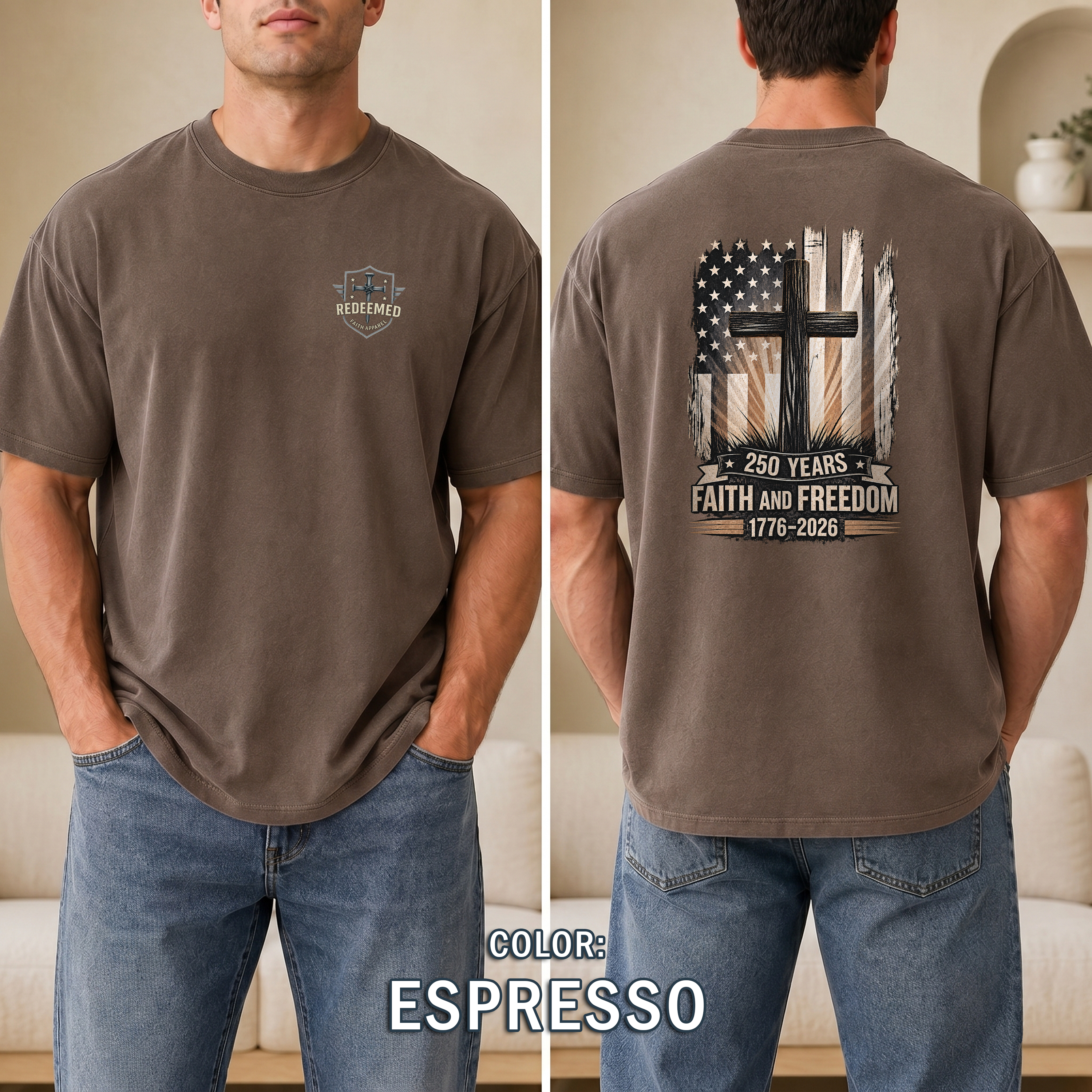 250 Years Faith and Freedom Christian Patriotic T-Shirt, America 1776-2026 Cross Shirt, Christian Patriotic Tee, Redeemed Faith Apparel