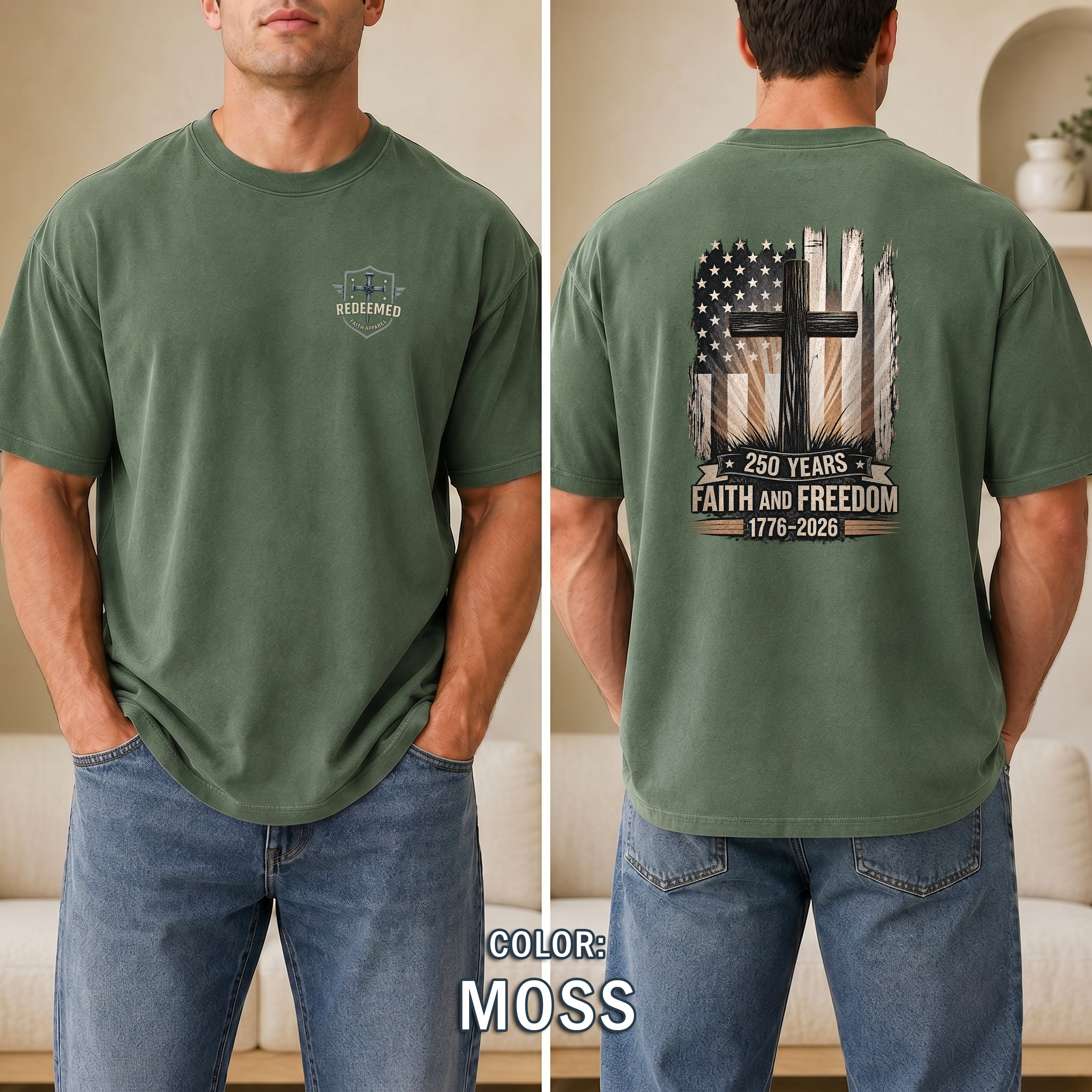 250 Years Faith and Freedom Christian Patriotic T-Shirt, America 1776-2026 Cross Shirt, Christian Patriotic Tee, Redeemed Faith Apparel