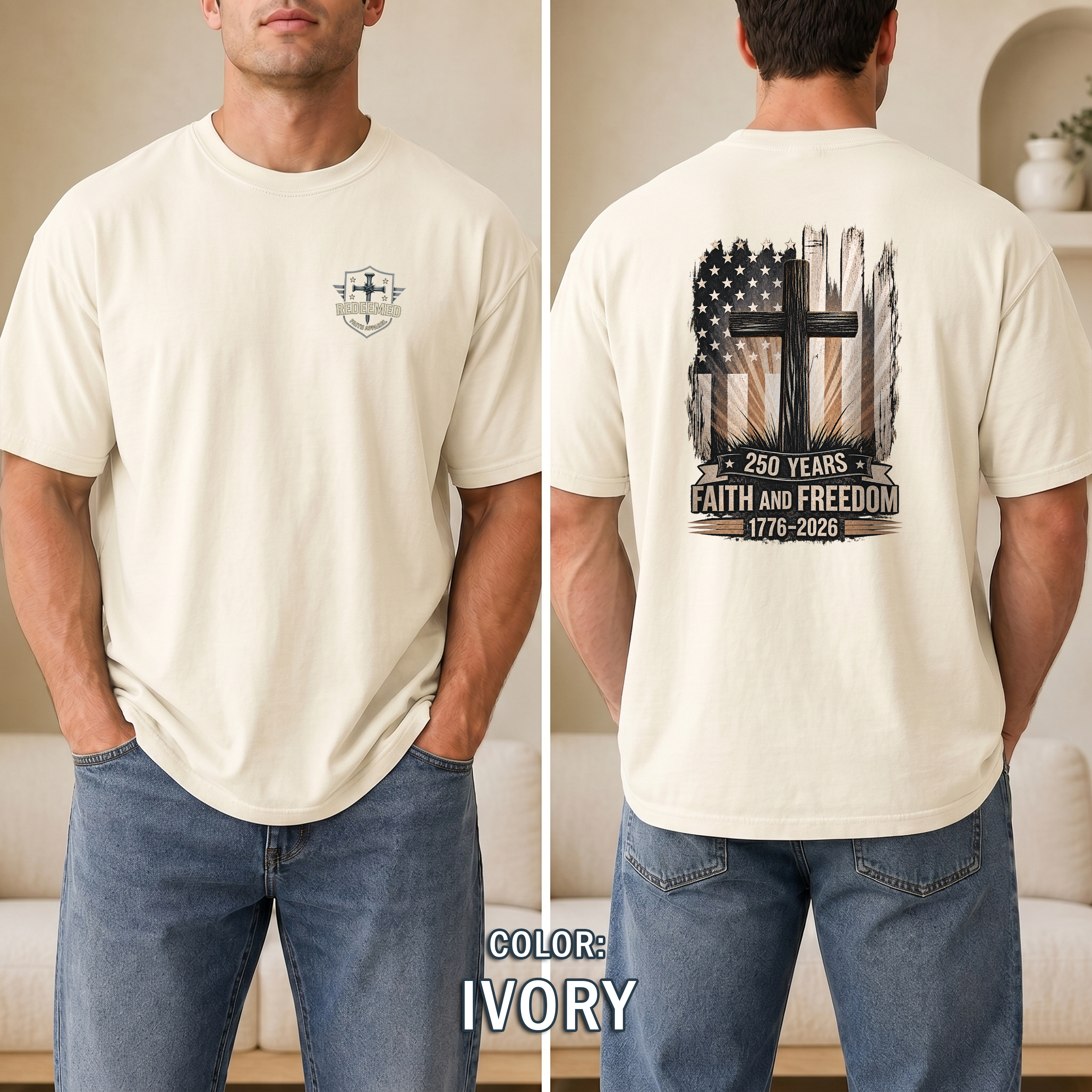 250 Years Faith and Freedom Christian Patriotic T-Shirt, America 1776-2026 Cross Shirt, Christian Patriotic Tee, Redeemed Faith Apparel