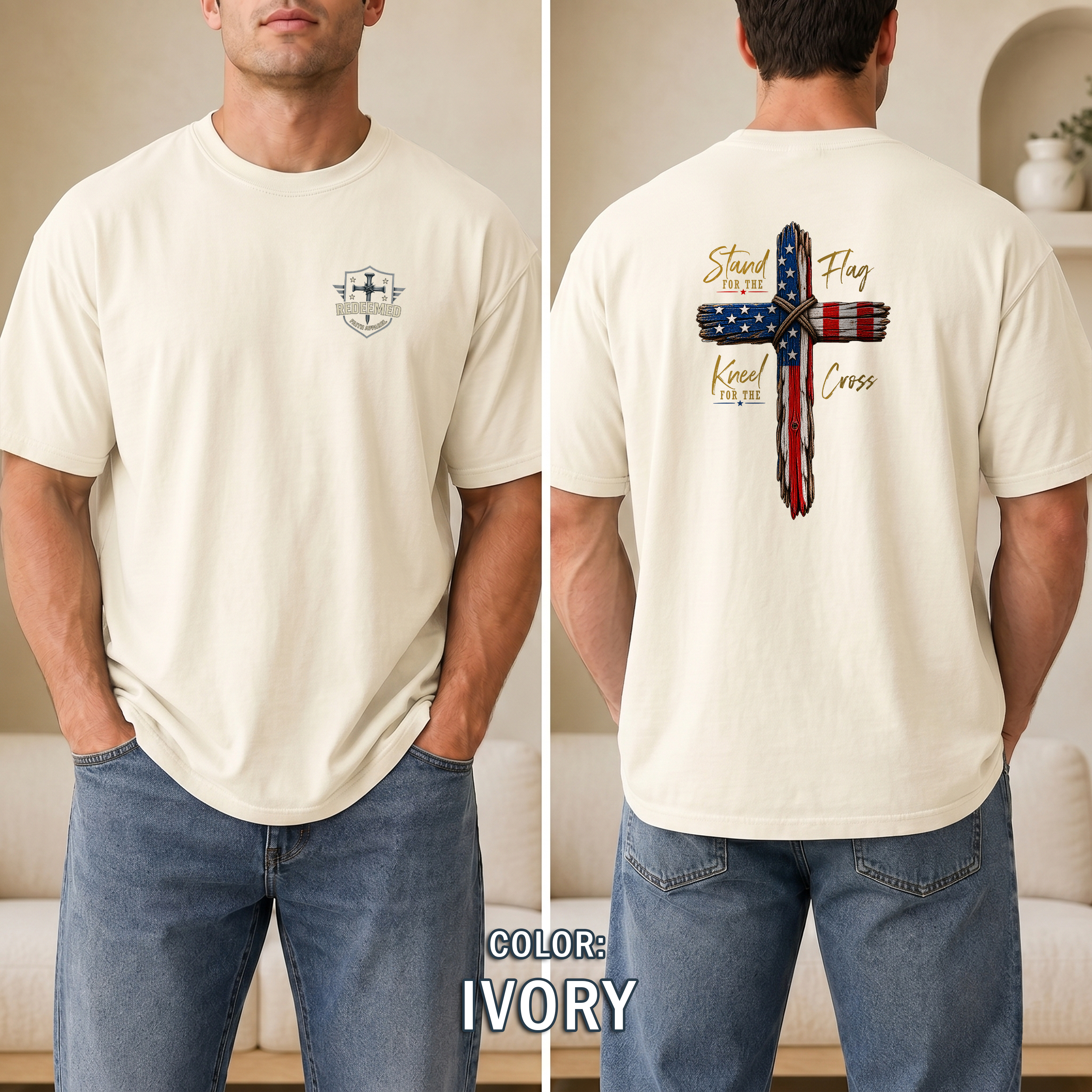 Stand for the Flag Kneel for the Cross Christian Patriotic T-Shirt, USA Flag Cross Shirt, Faith over Country Tee, Redeemed Faith Apparel
