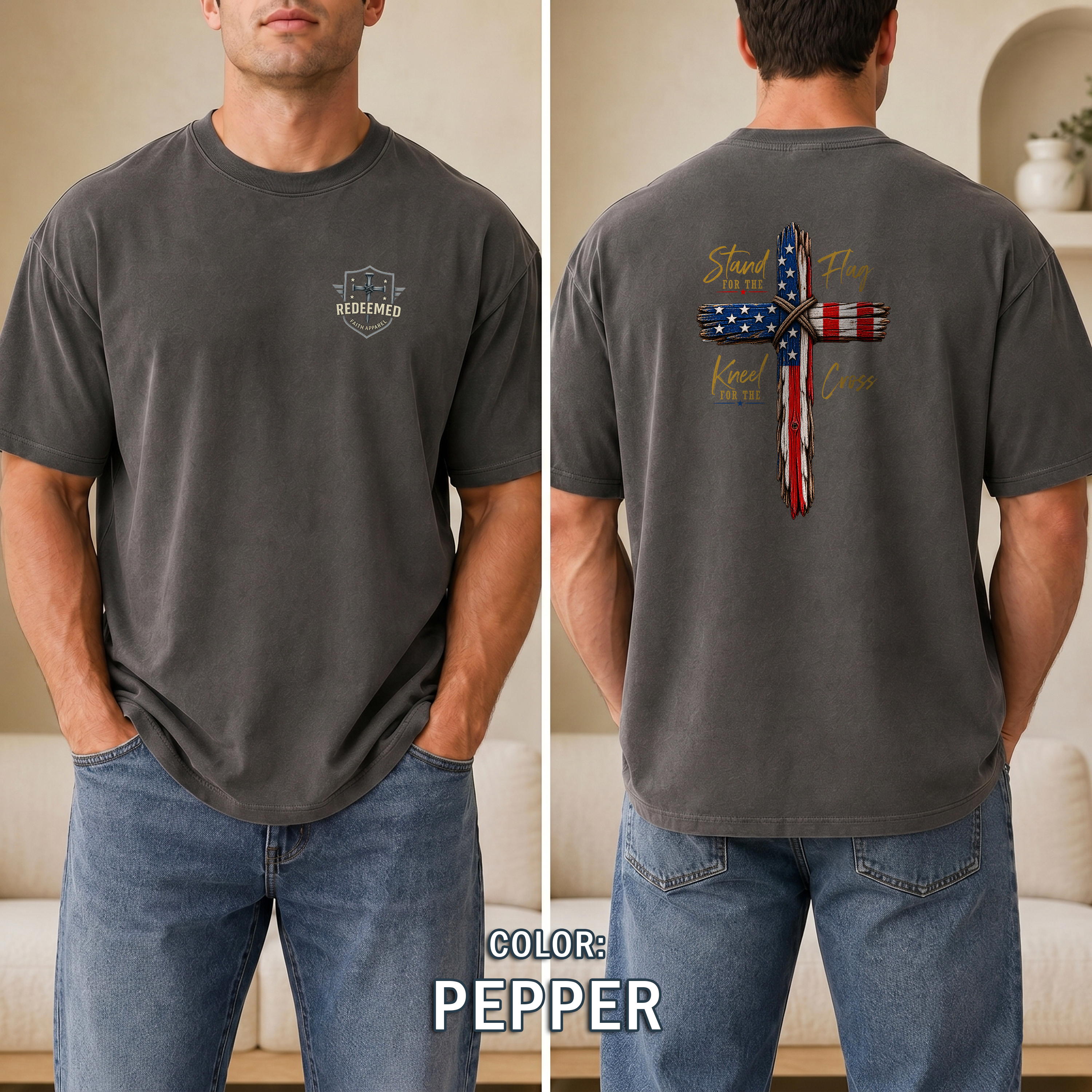 Stand for the Flag Kneel for the Cross Christian Patriotic T-Shirt, USA Flag Cross Shirt, Faith over Country Tee, Redeemed Faith Apparel