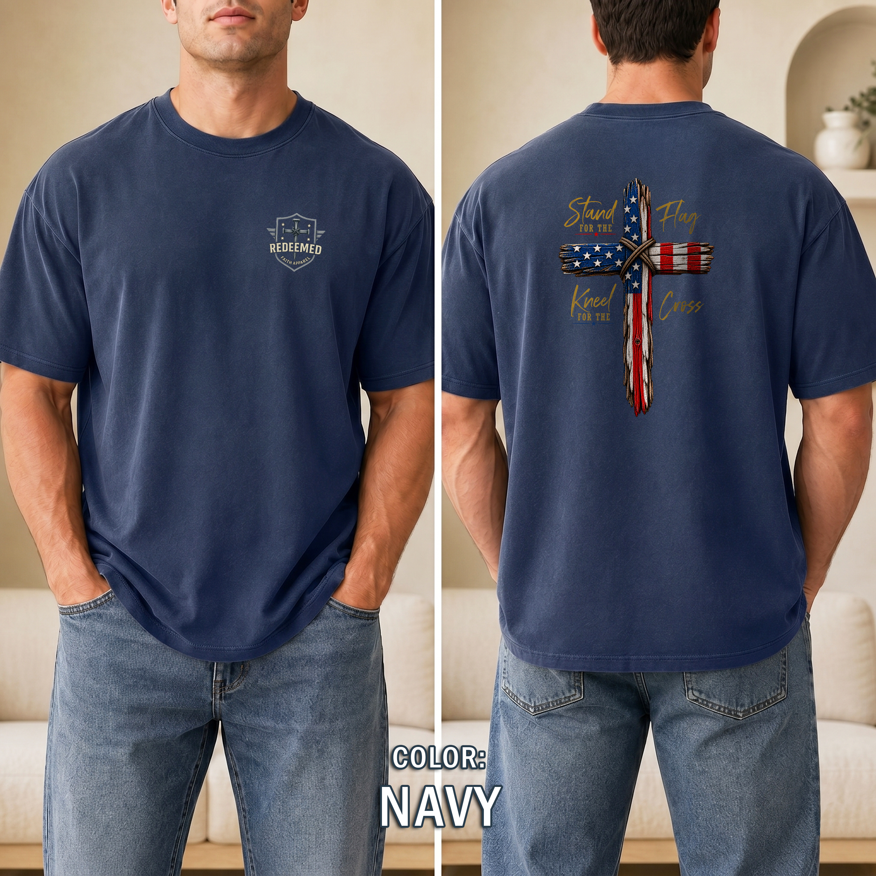 Stand for the Flag Kneel for the Cross Christian Patriotic T-Shirt, USA Flag Cross Shirt, Faith over Country Tee, Redeemed Faith Apparel
