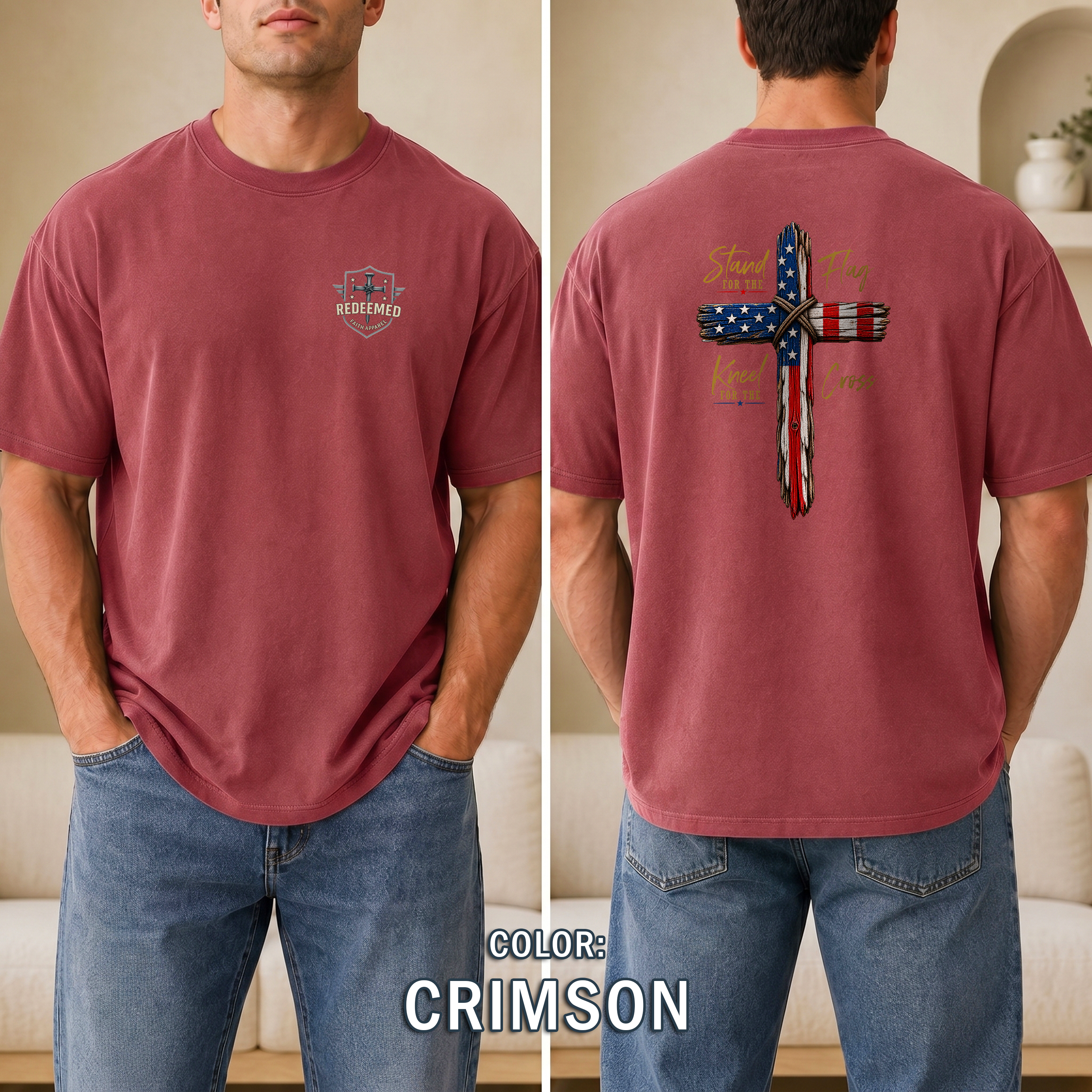 Stand for the Flag Kneel for the Cross Christian Patriotic T-Shirt, USA Flag Cross Shirt, Faith over Country Tee, Redeemed Faith Apparel