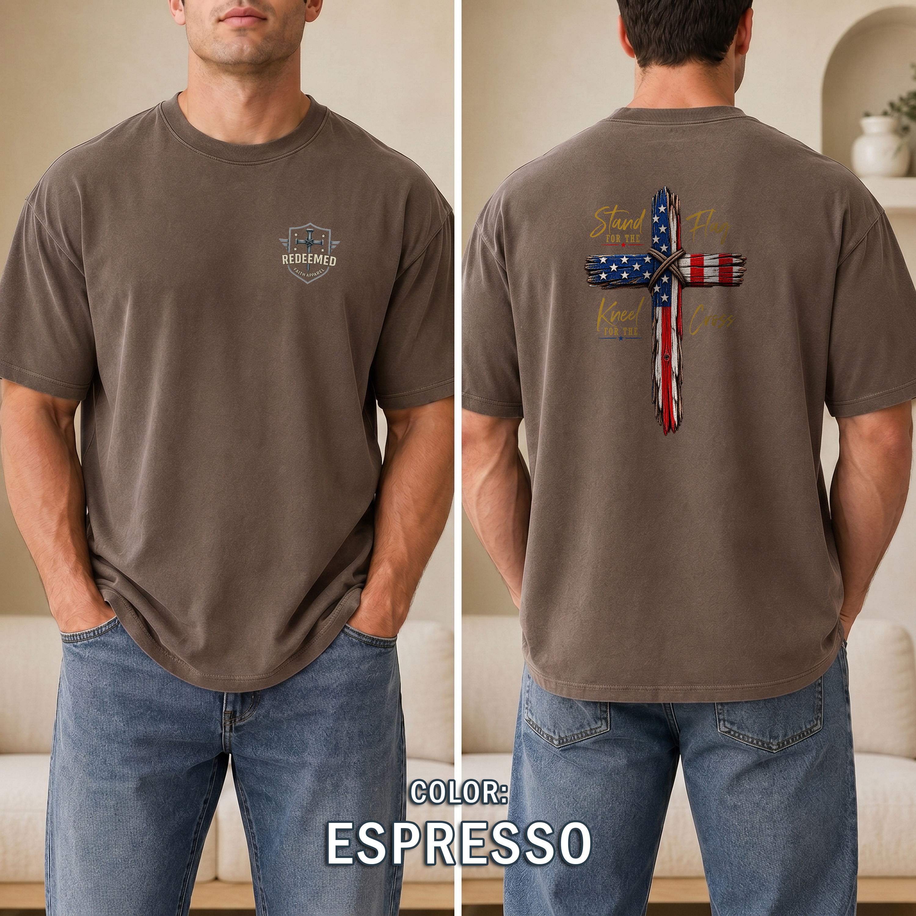 Stand for the Flag Kneel for the Cross Christian Patriotic T-Shirt, USA Flag Cross Shirt, Faith over Country Tee, Redeemed Faith Apparel