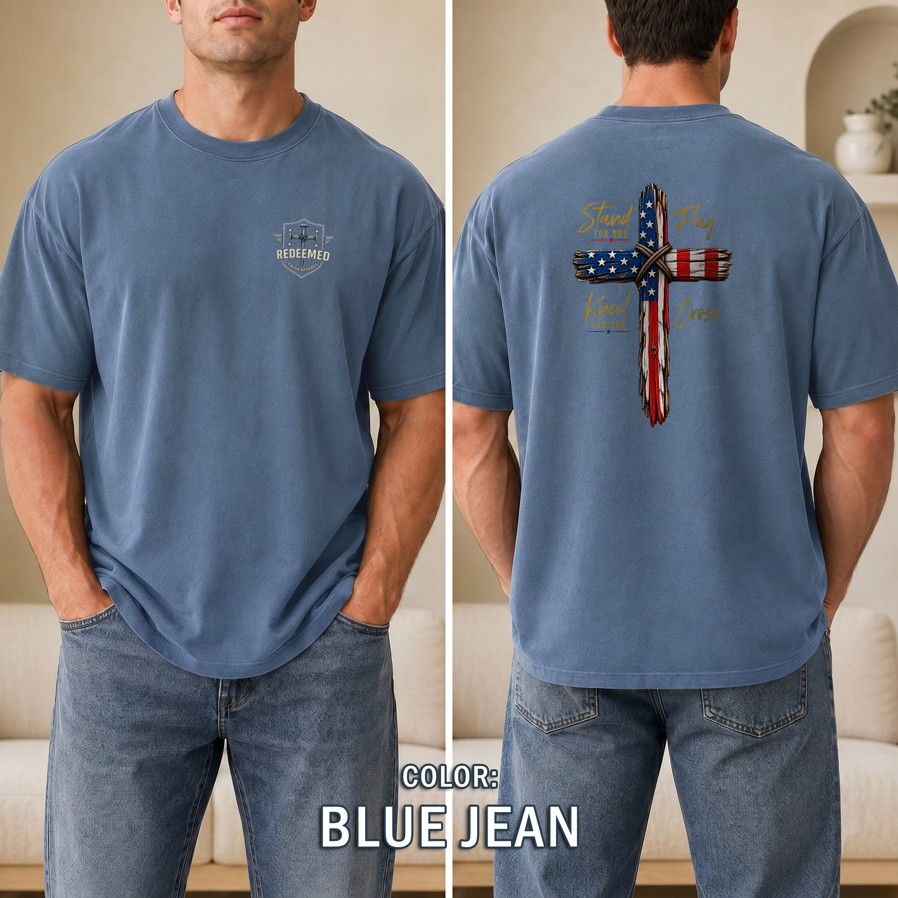 Stand for the Flag Kneel for the Cross Christian Patriotic T-Shirt, USA Flag Cross Shirt, Faith over Country Tee, Redeemed Faith Apparel