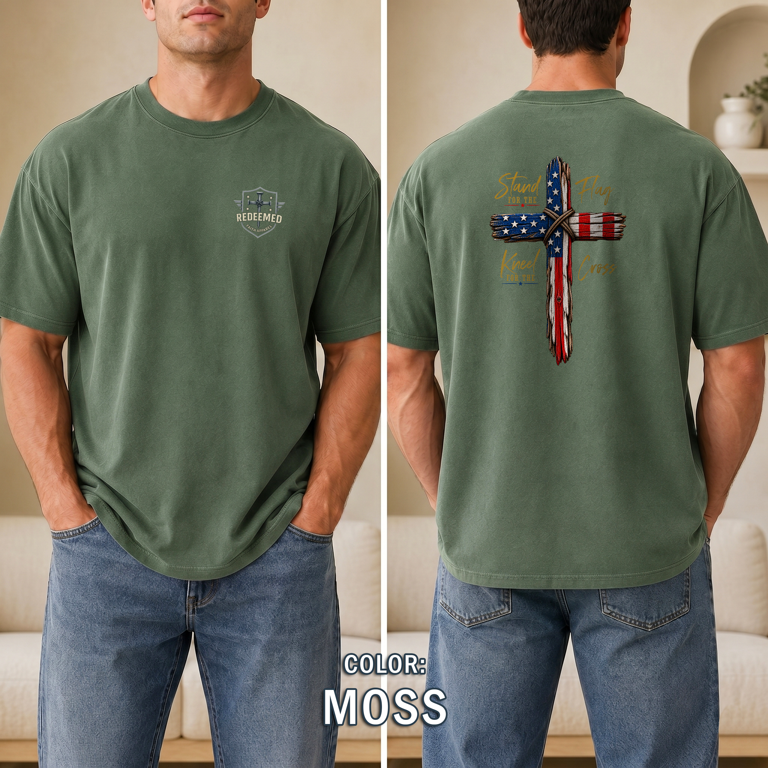 Stand for the Flag Kneel for the Cross Christian Patriotic T-Shirt, USA Flag Cross Shirt, Faith over Country Tee, Redeemed Faith Apparel