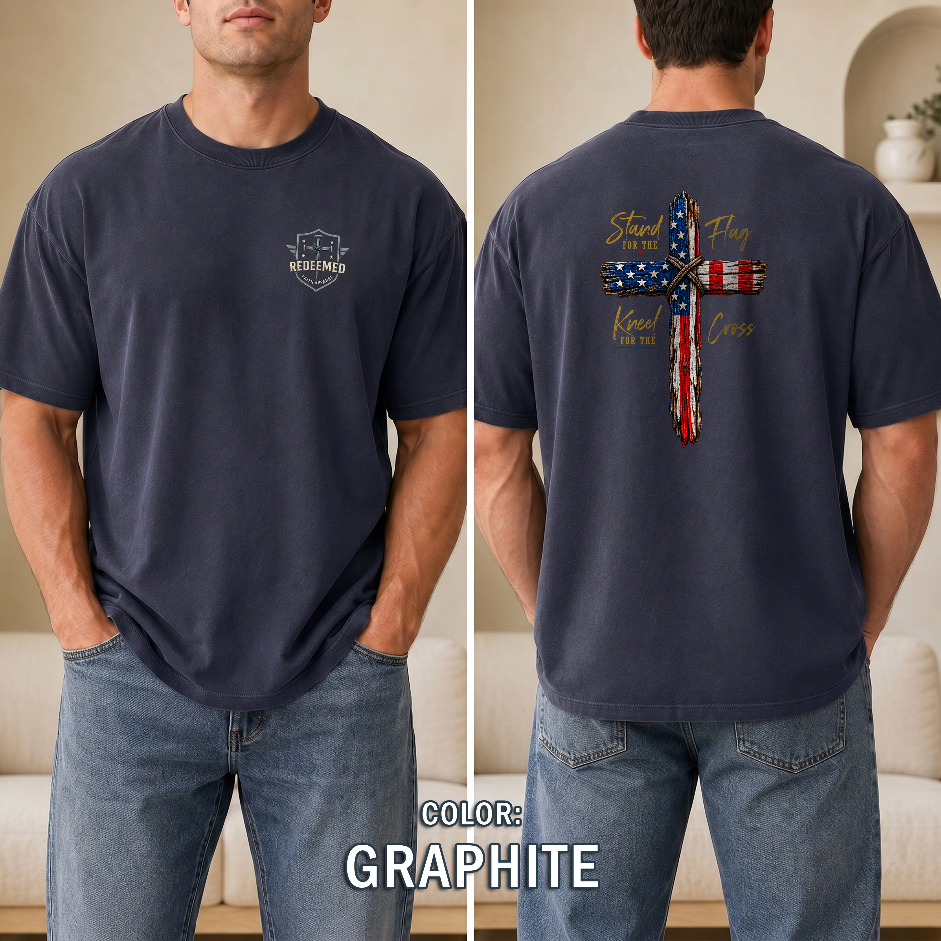 Stand for the Flag Kneel for the Cross Christian Patriotic T-Shirt, USA Flag Cross Shirt, Faith over Country Tee, Redeemed Faith Apparel
