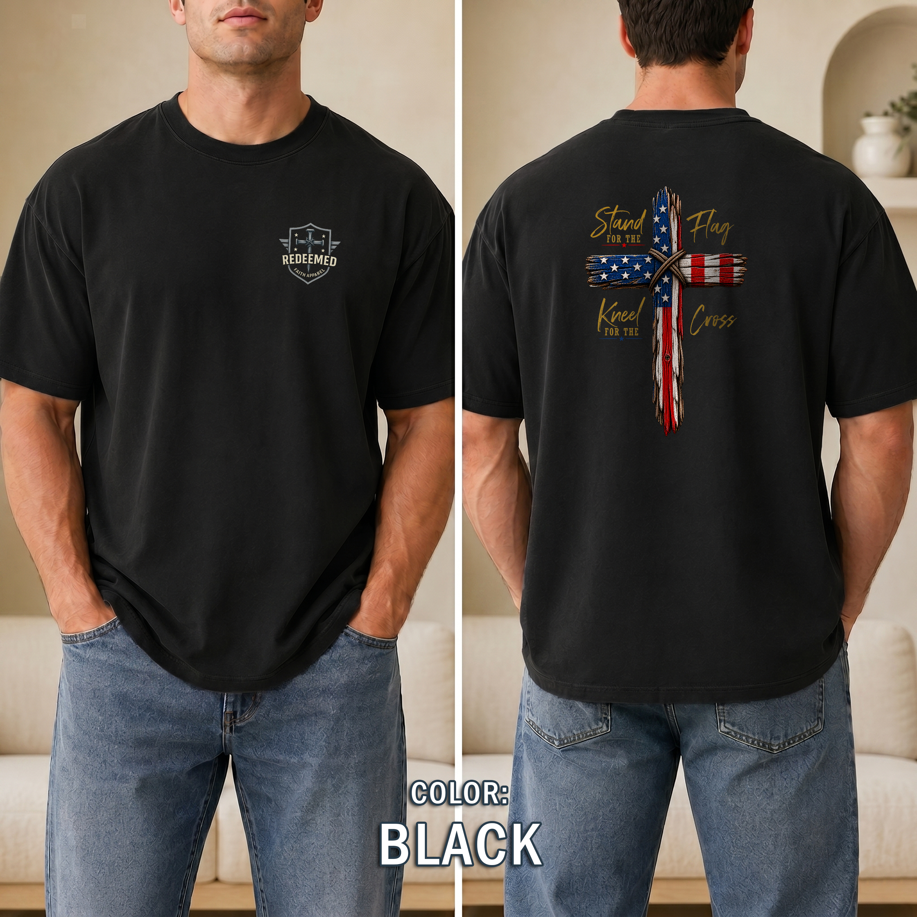 Stand for the Flag Kneel for the Cross Christian Patriotic T-Shirt, USA Flag Cross Shirt, Faith over Country Tee, Redeemed Faith Apparel