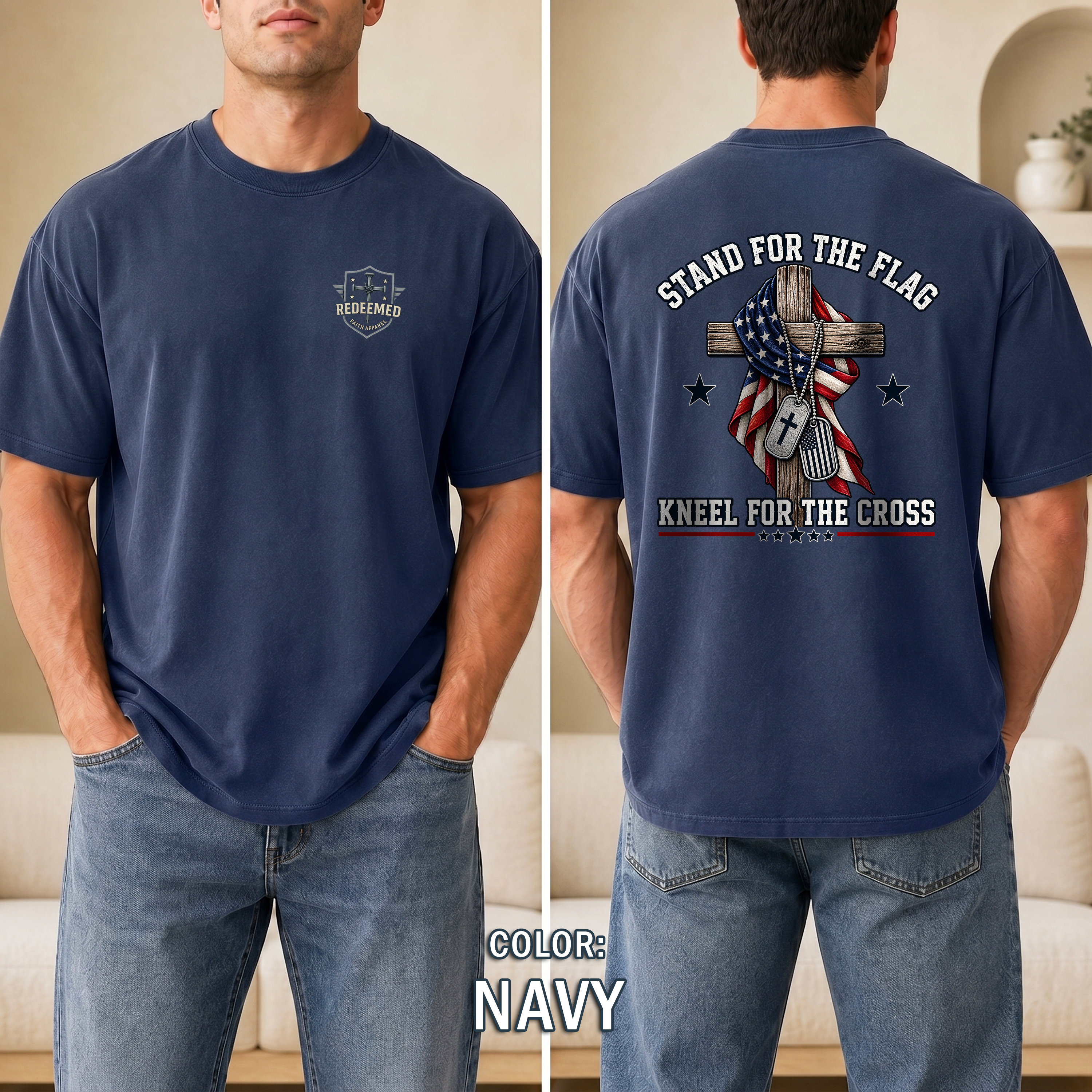 Stand for the Flag Kneel for the Cross Shirt, Christian Patriotic T-Shirt, US Flag Cross Tee, Faith & Freedom Shirt, Redeemed Faith Apparel