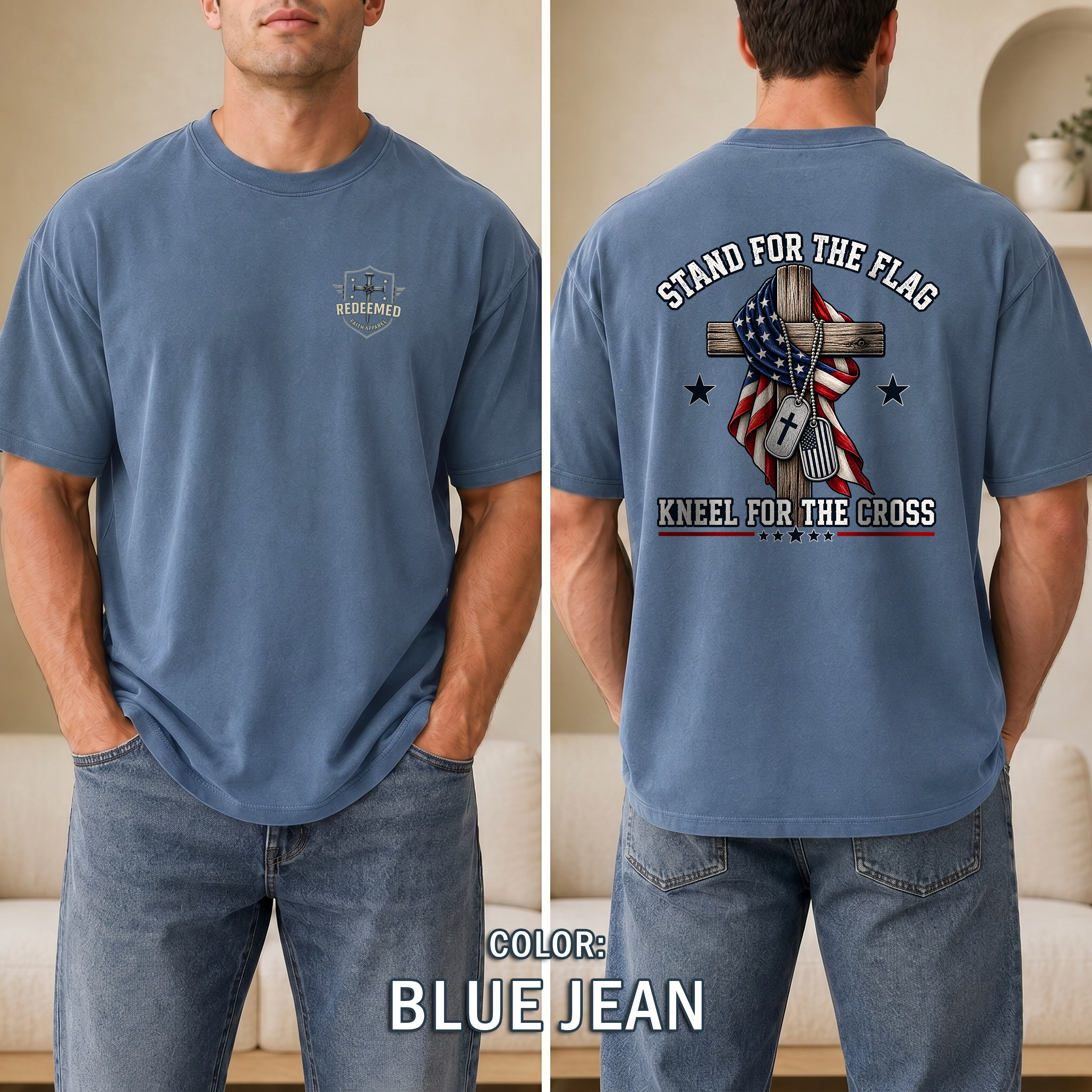 Stand for the Flag Kneel for the Cross Shirt, Christian Patriotic T-Shirt, US Flag Cross Tee, Faith & Freedom Shirt, Redeemed Faith Apparel