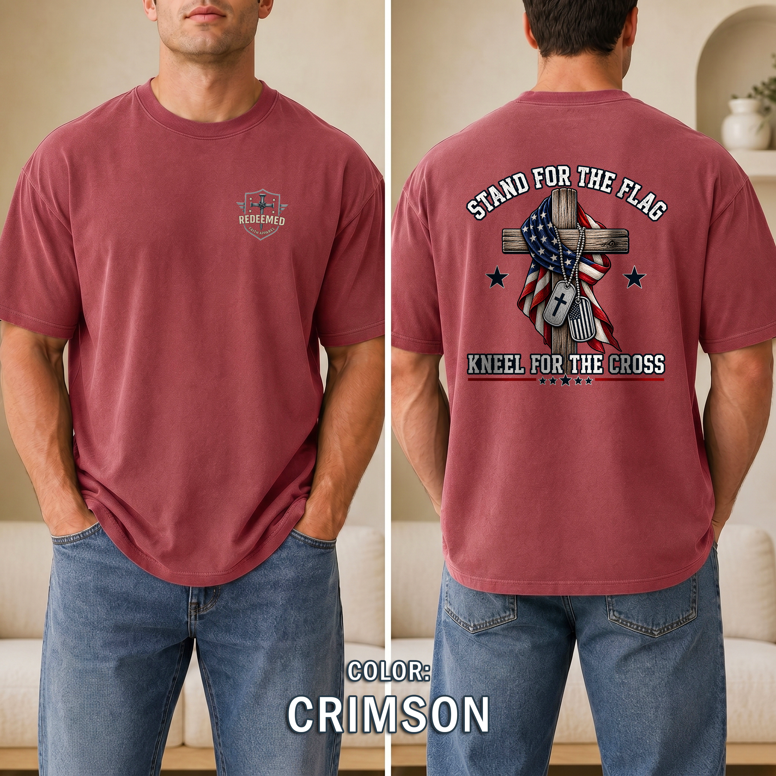 Stand for the Flag Kneel for the Cross Shirt, Christian Patriotic T-Shirt, US Flag Cross Tee, Faith & Freedom Shirt, Redeemed Faith Apparel
