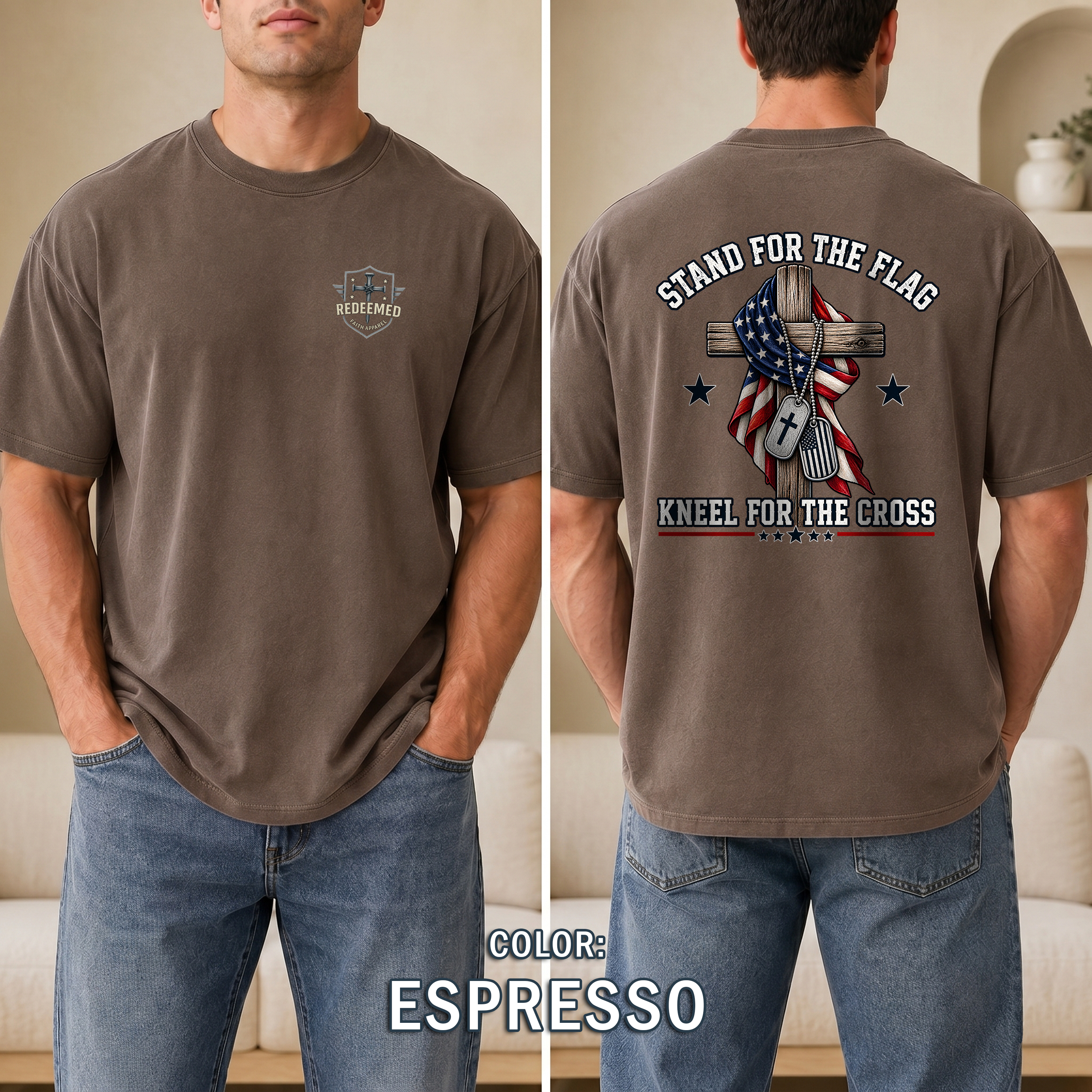 Stand for the Flag Kneel for the Cross Shirt, Christian Patriotic T-Shirt, US Flag Cross Tee, Faith & Freedom Shirt, Redeemed Faith Apparel