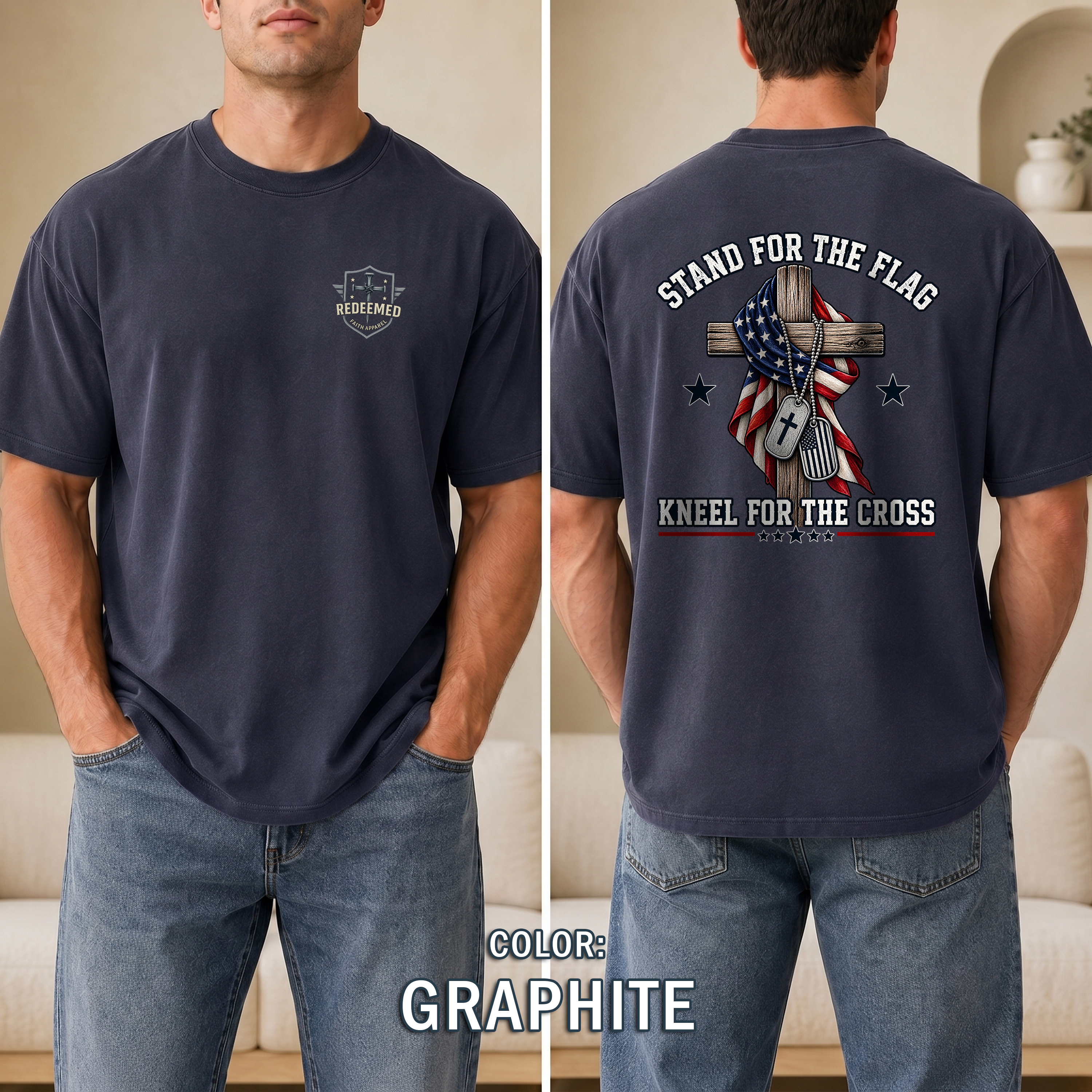 Stand for the Flag Kneel for the Cross Shirt, Christian Patriotic T-Shirt, US Flag Cross Tee, Faith & Freedom Shirt, Redeemed Faith Apparel