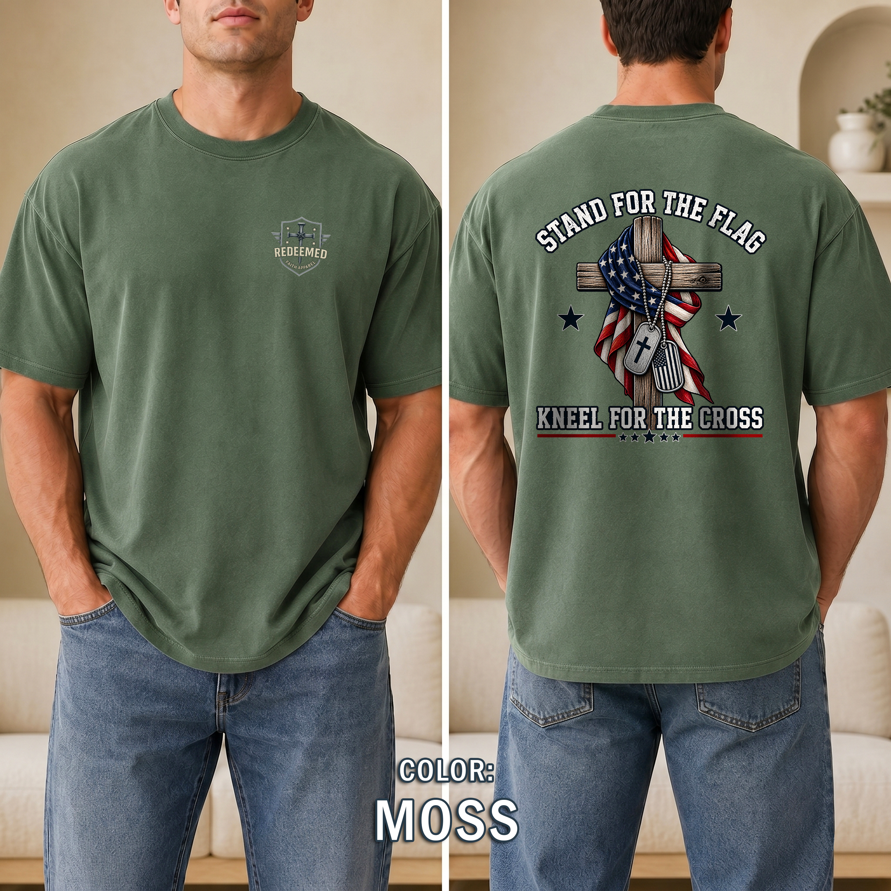 Stand for the Flag Kneel for the Cross Shirt, Christian Patriotic T-Shirt, US Flag Cross Tee, Faith & Freedom Shirt, Redeemed Faith Apparel