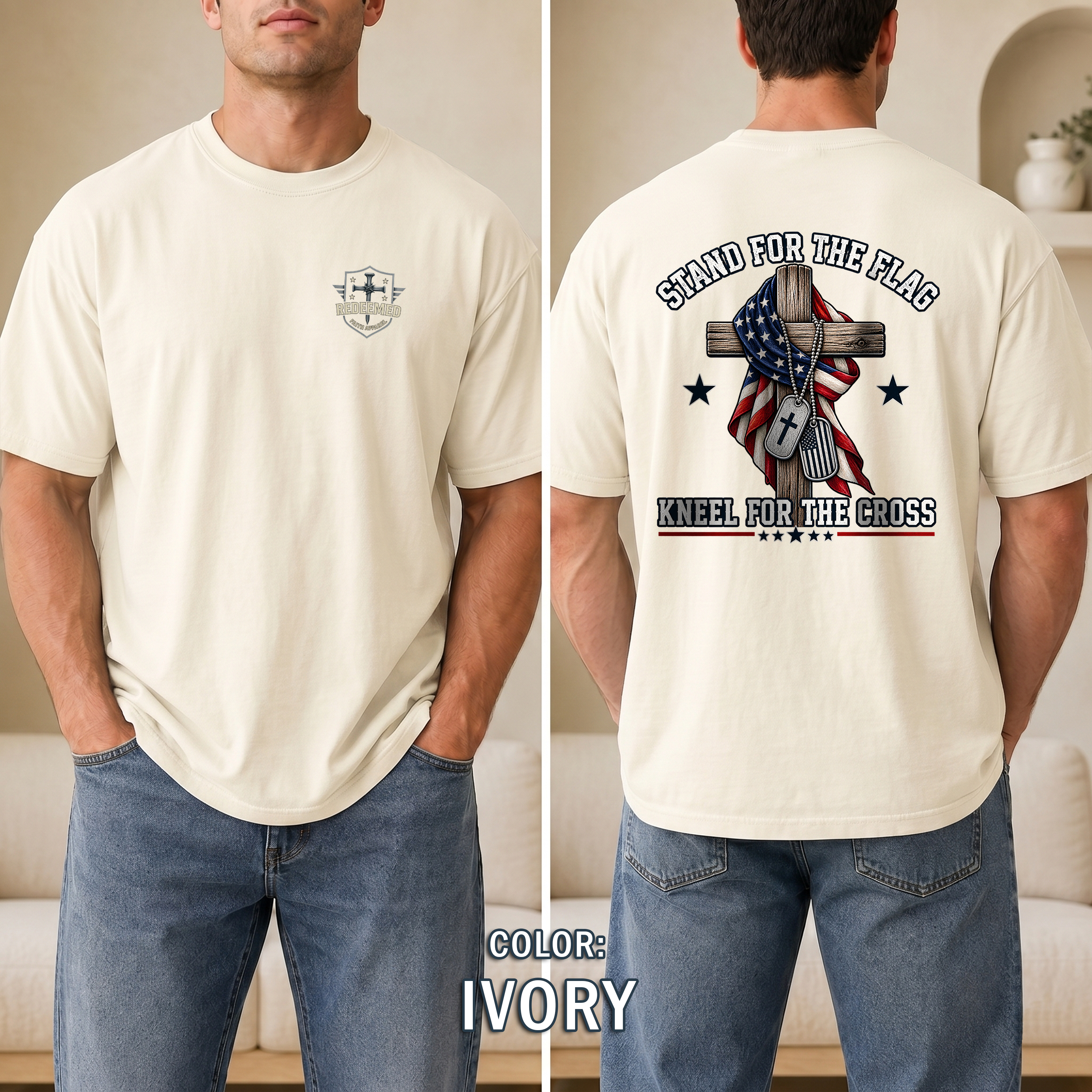 Stand for the Flag Kneel for the Cross Shirt, Christian Patriotic T-Shirt, US Flag Cross Tee, Faith & Freedom Shirt, Redeemed Faith Apparel