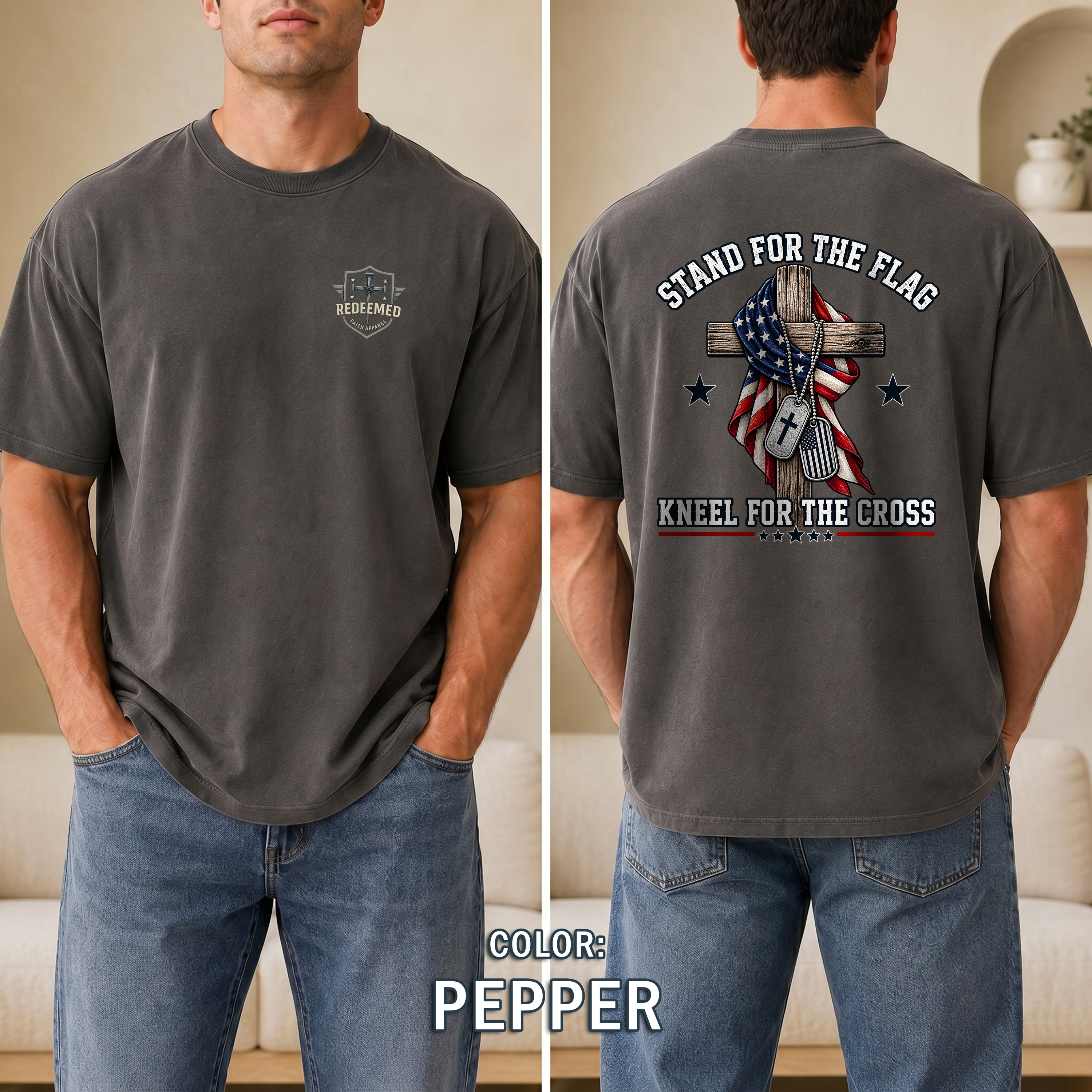 Stand for the Flag Kneel for the Cross Shirt, Christian Patriotic T-Shirt, US Flag Cross Tee, Faith & Freedom Shirt, Redeemed Faith Apparel