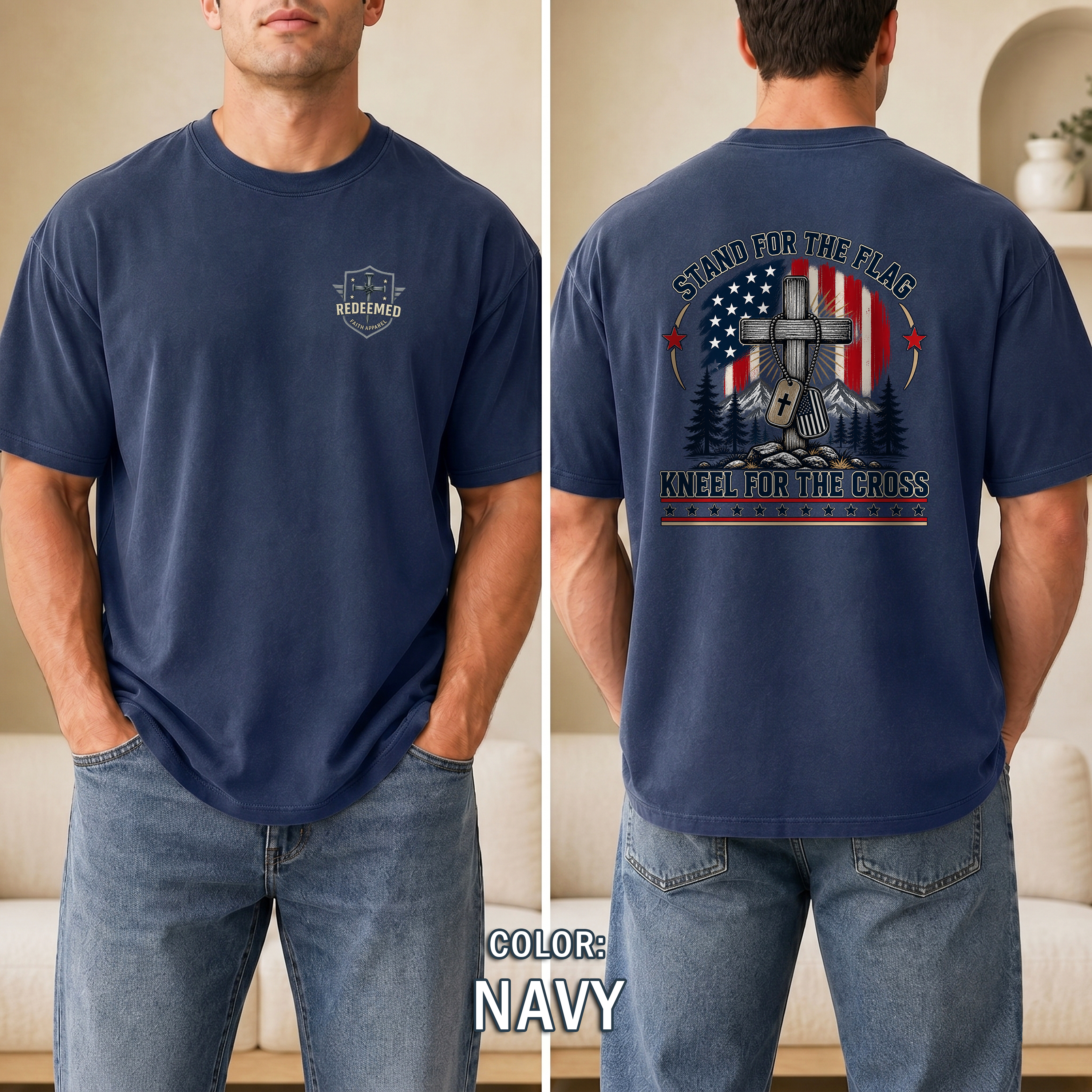 Stand for the Flag Kneel for the Cross Christian Patriotic T-Shirt, American Flag Cross Shirt, Christian Patriot Tee, Redeemed Faith Apparel