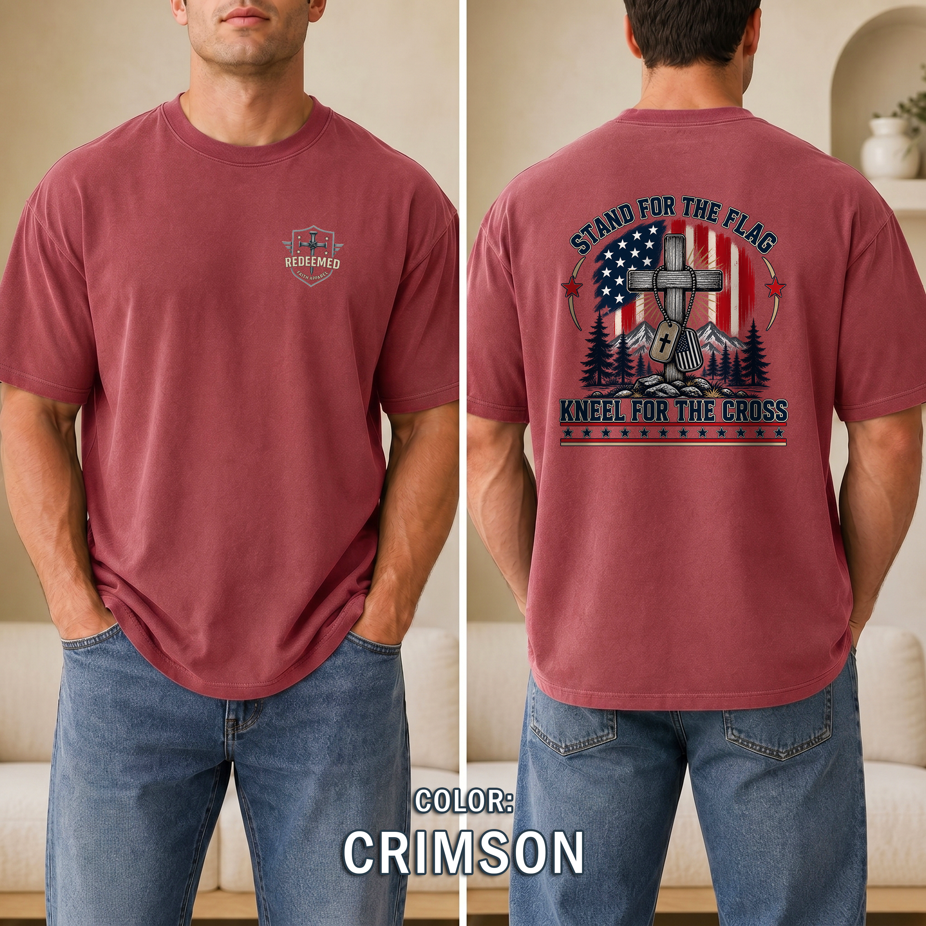 Stand for the Flag Kneel for the Cross Christian Patriotic T-Shirt, American Flag Cross Shirt, Christian Patriot Tee, Redeemed Faith Apparel