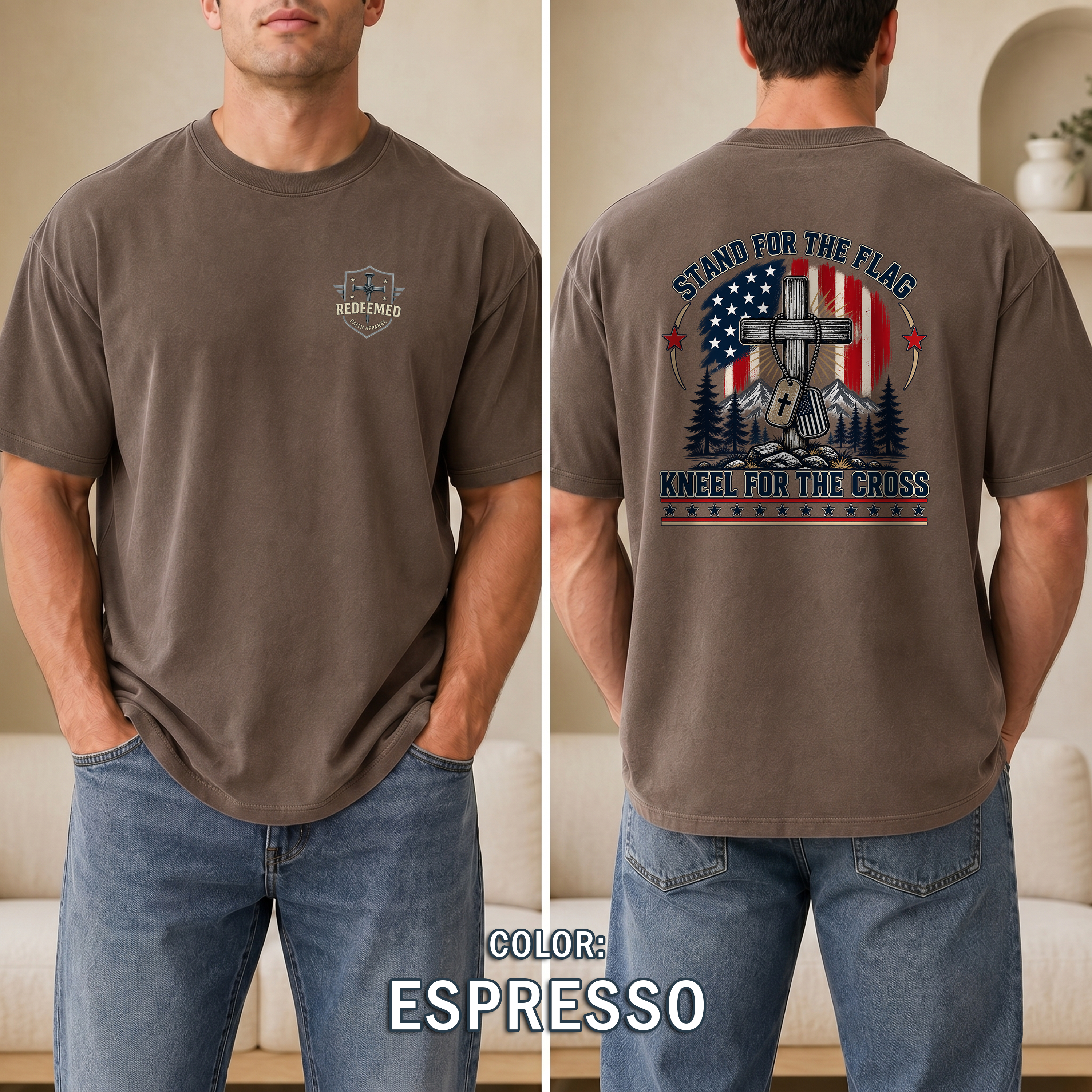 Stand for the Flag Kneel for the Cross Christian Patriotic T-Shirt, American Flag Cross Shirt, Christian Patriot Tee, Redeemed Faith Apparel