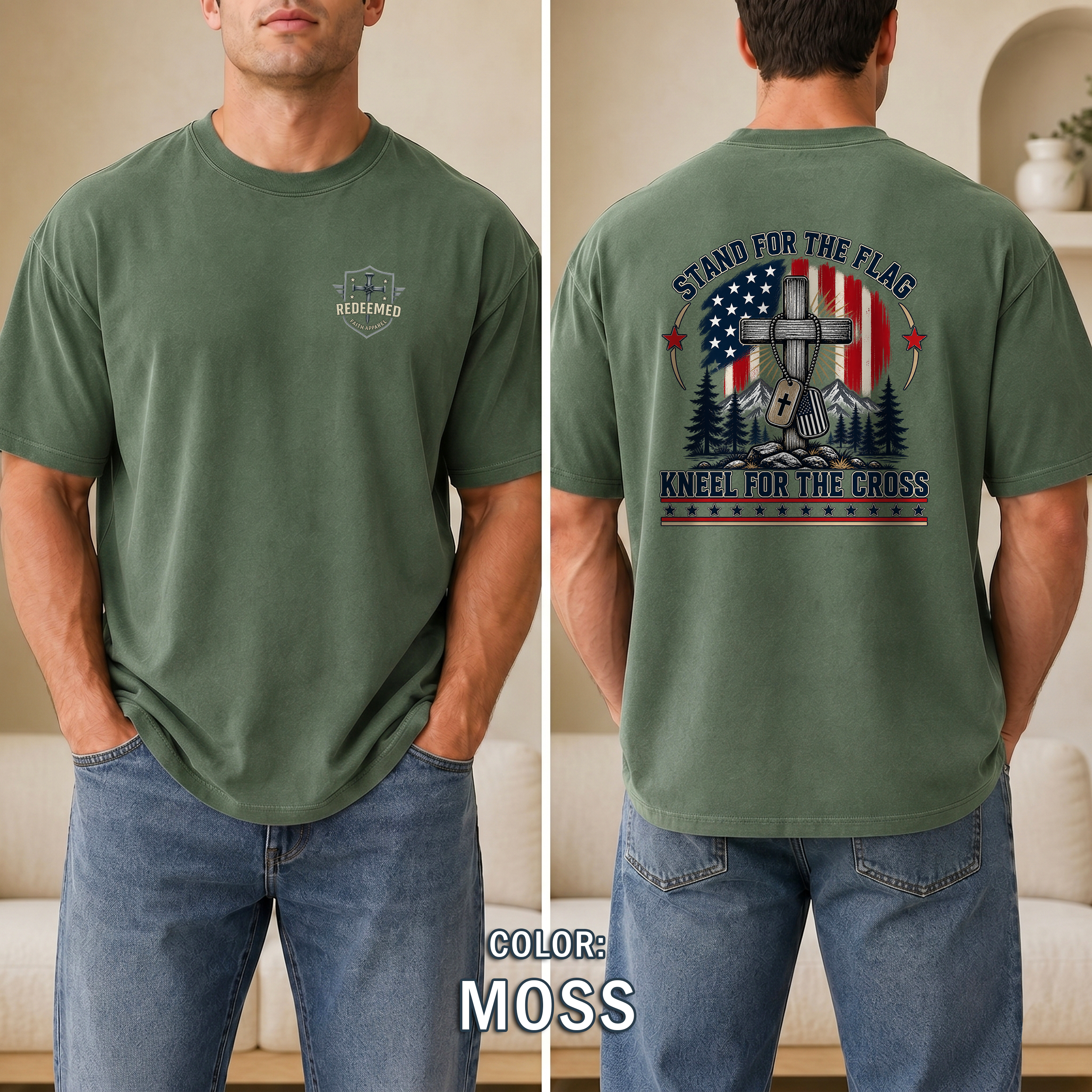 Stand for the Flag Kneel for the Cross Christian Patriotic T-Shirt, American Flag Cross Shirt, Christian Patriot Tee, Redeemed Faith Apparel